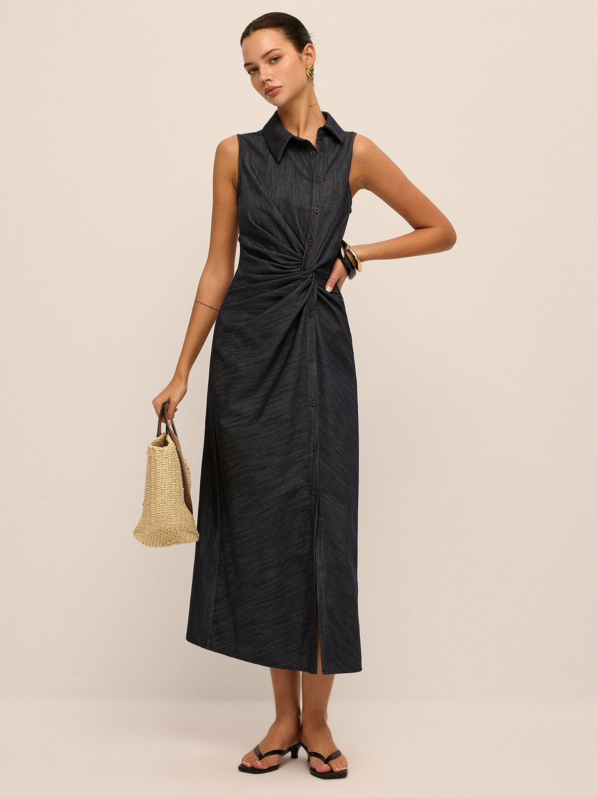 Denim Twist-Front Sleeveless Shirt Dress