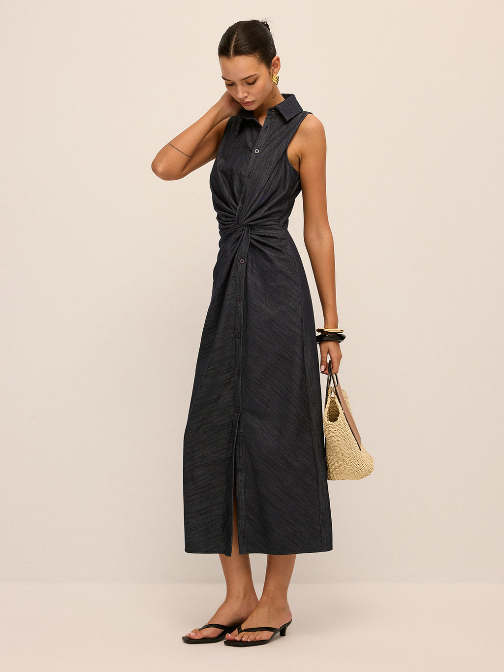 Denim Twist-Front Sleeveless Shirt Dress