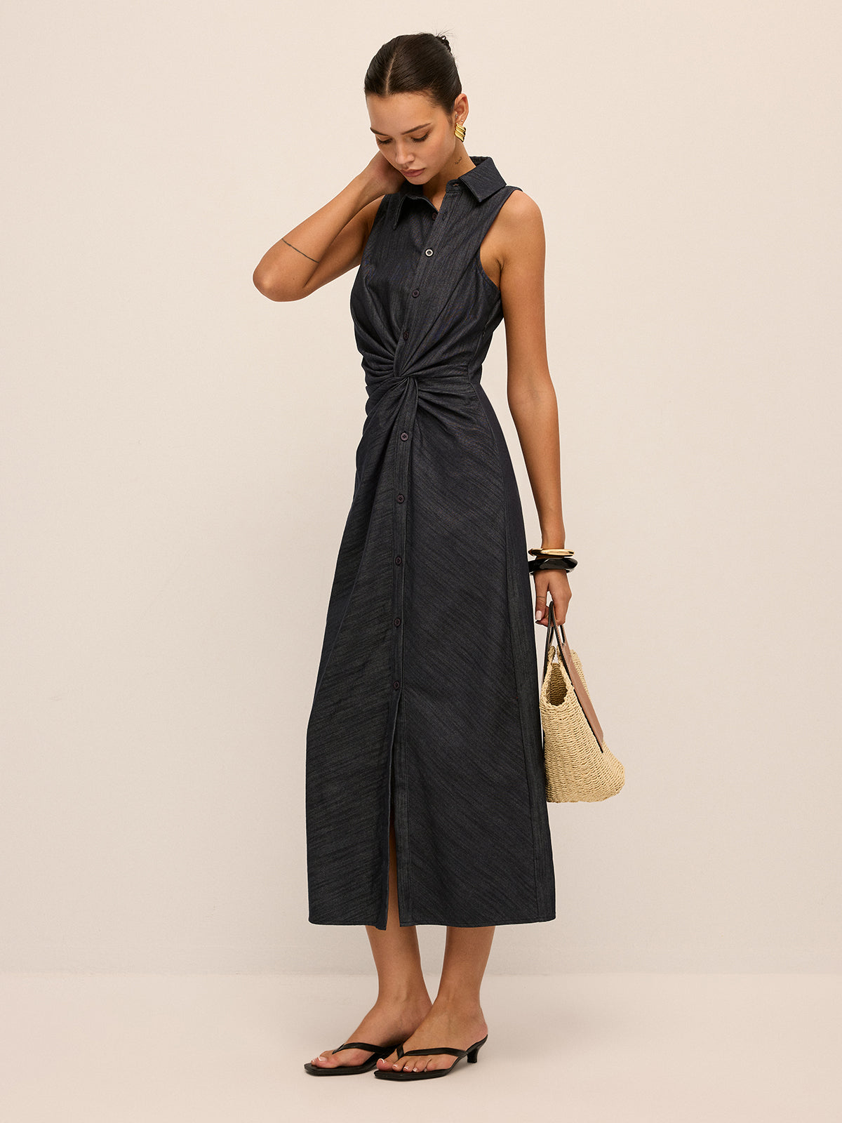 Denim Twist-Front Sleeveless Shirt Dress