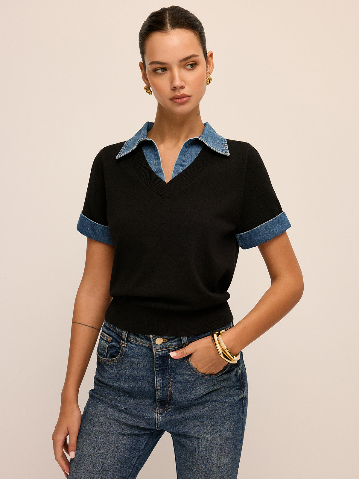 Denim Collar Short Sleeve Knit Blouse