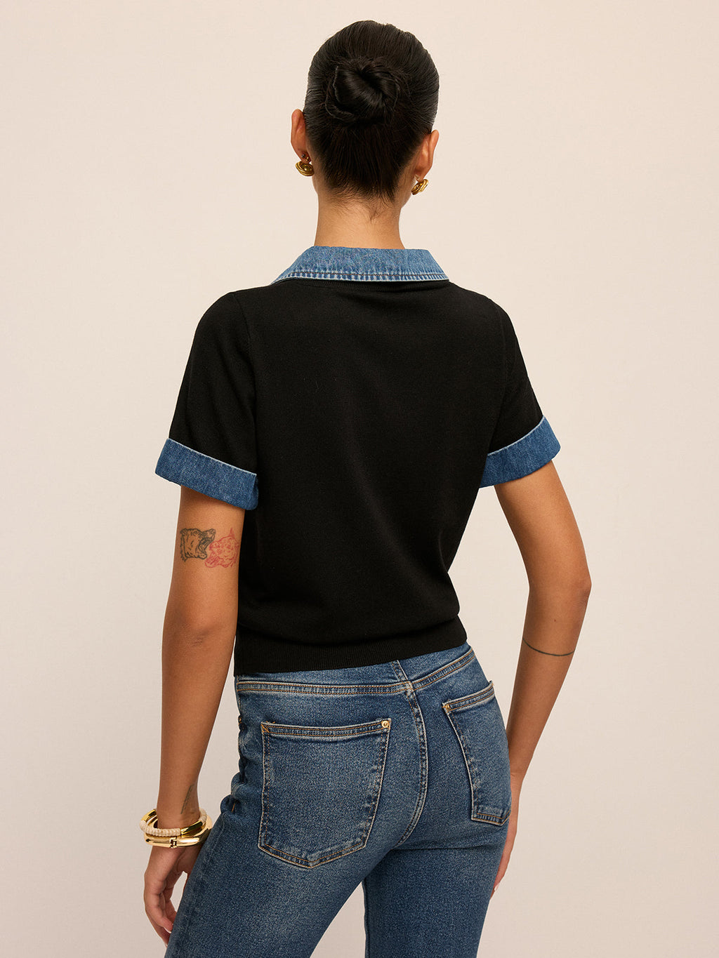 Denim Collar Short Sleeve Knit Blouse