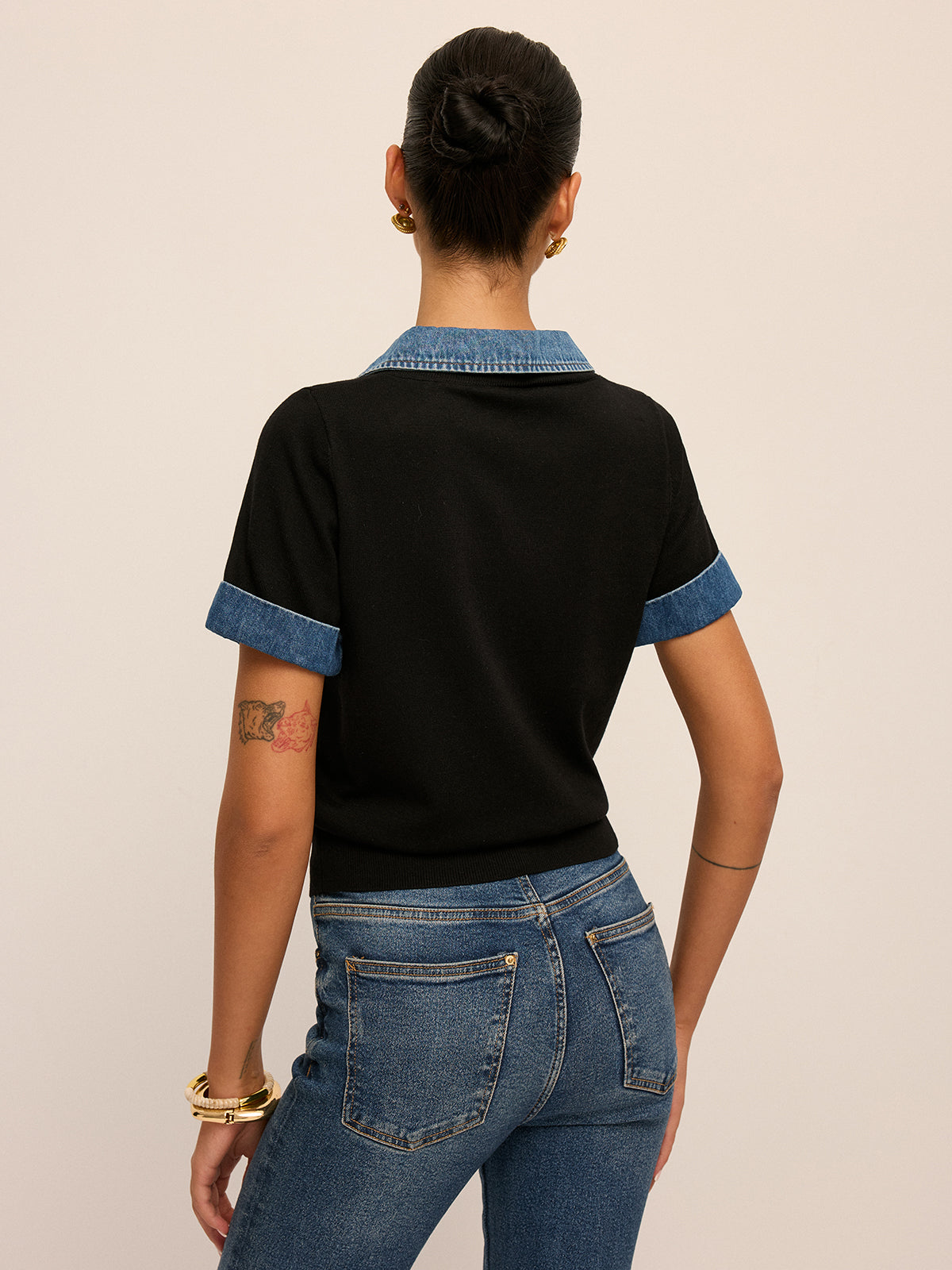 Denim Collar Short Sleeve Knit Blouse