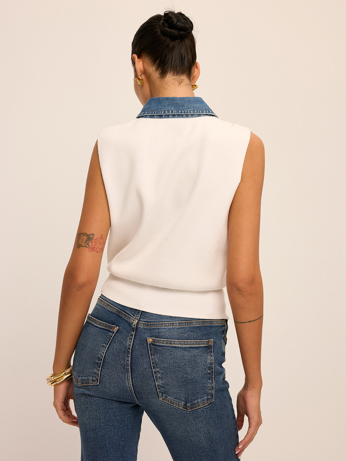 Denim Collar Lace Cutout Sleeveless Knit Top