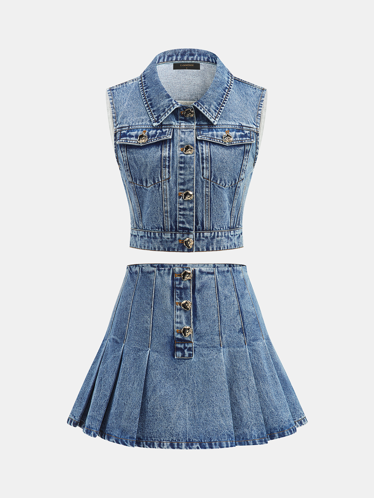 Denim Crop Vest & Pleated Mini Skirt Set