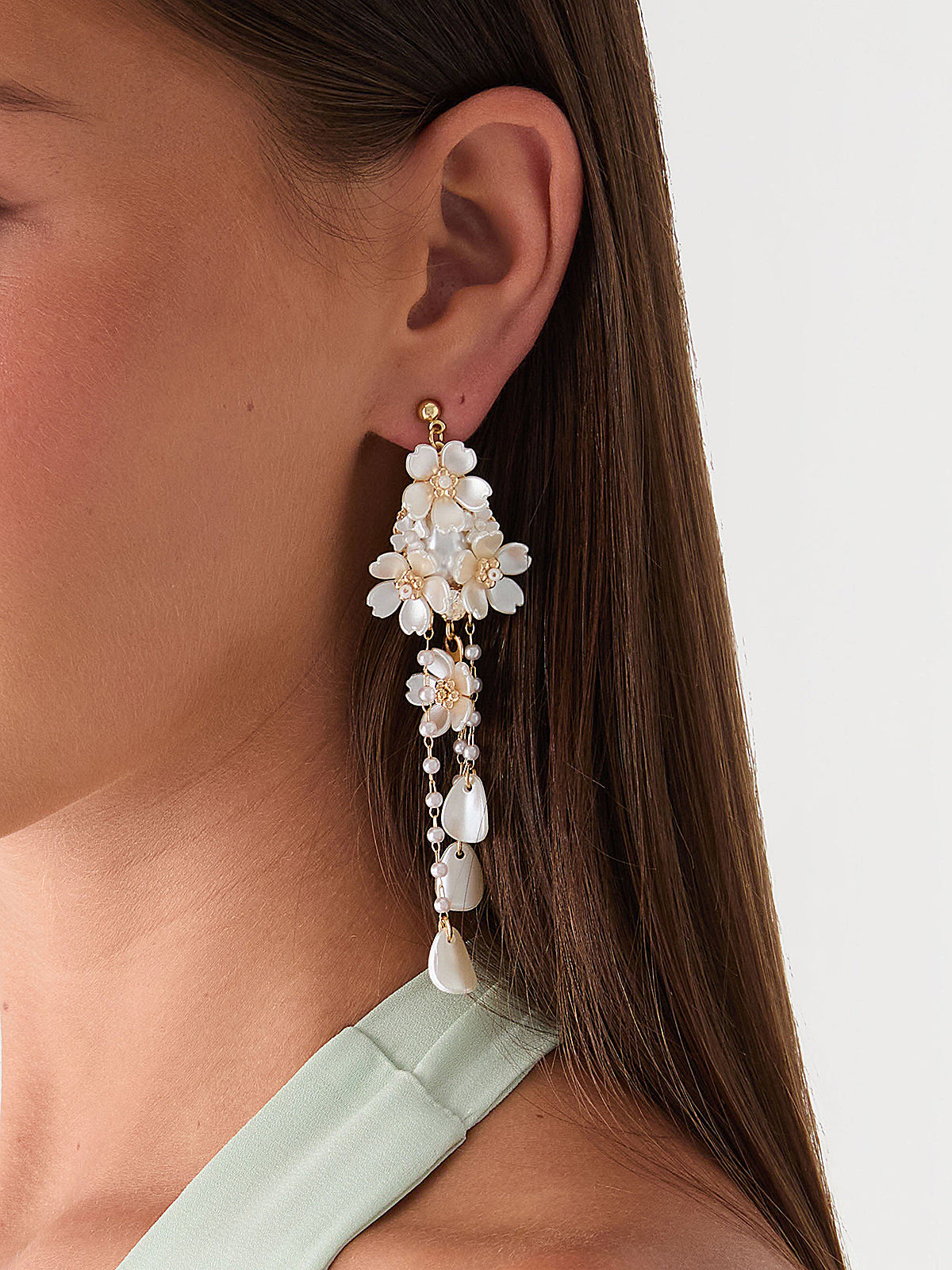 Floral Tassel Pearl Drop Earrings