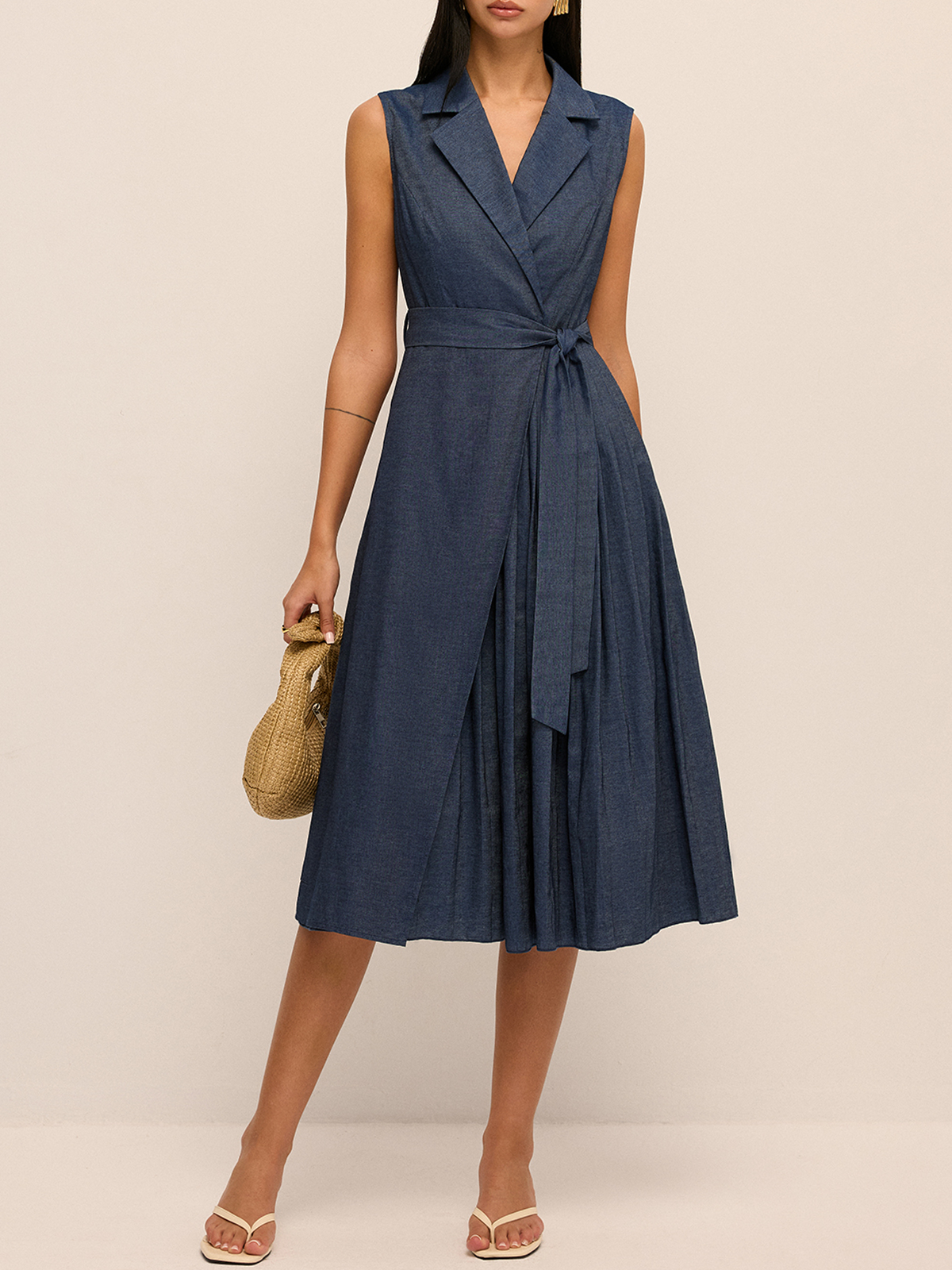 Blazer Collar Belted Pleated Maxi Dress