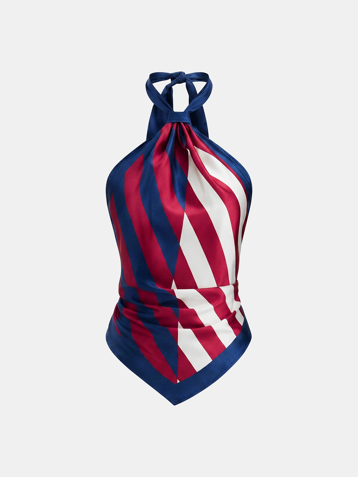 Geometric-stripe satin halter top with asymmetric hem and scarf-style cut