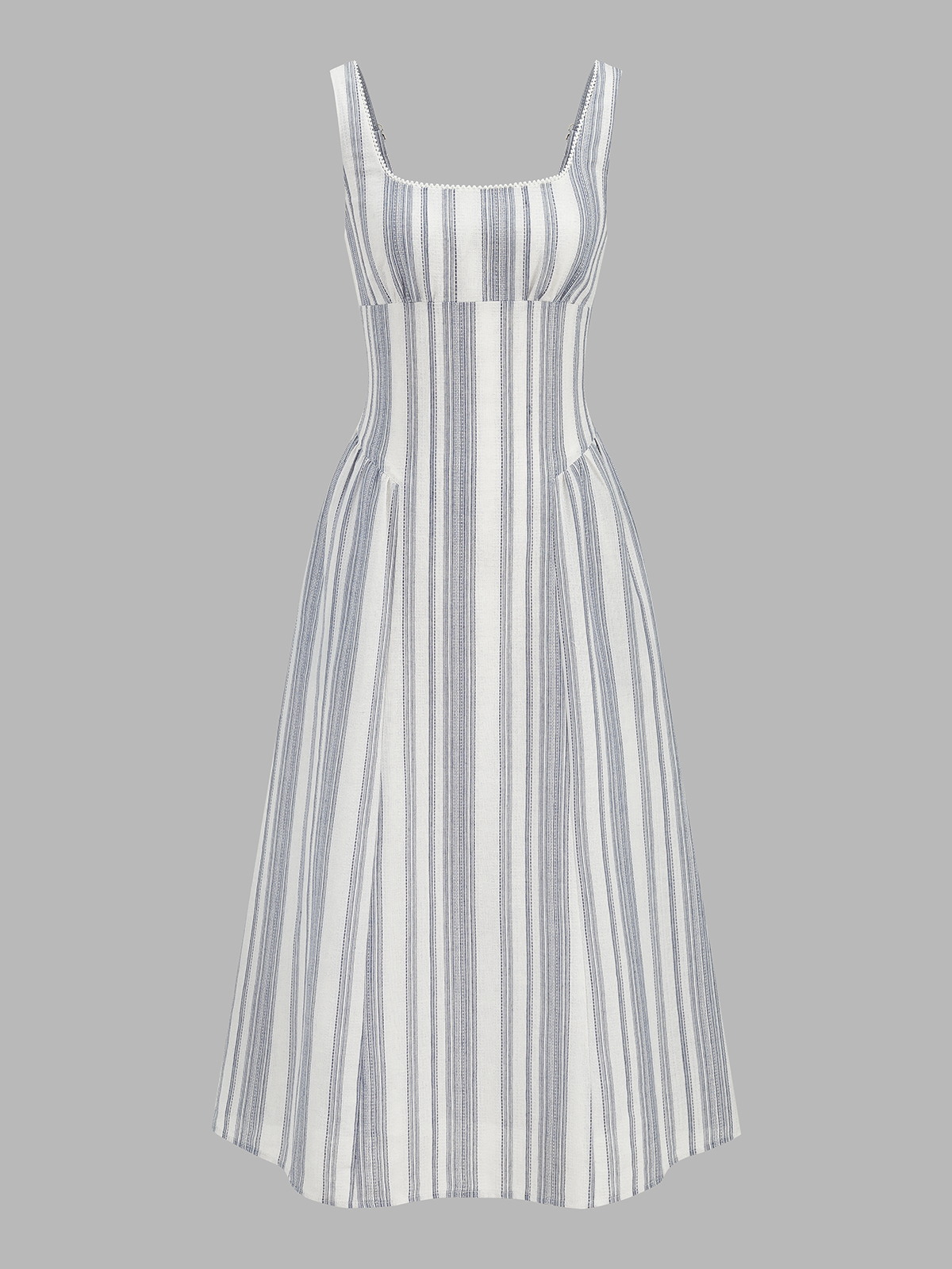 Lace Trim Square Neck Striped Midi Dress