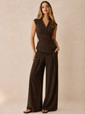 Pinstripe Sleeveless Blouse & Wide-Leg Pants Set