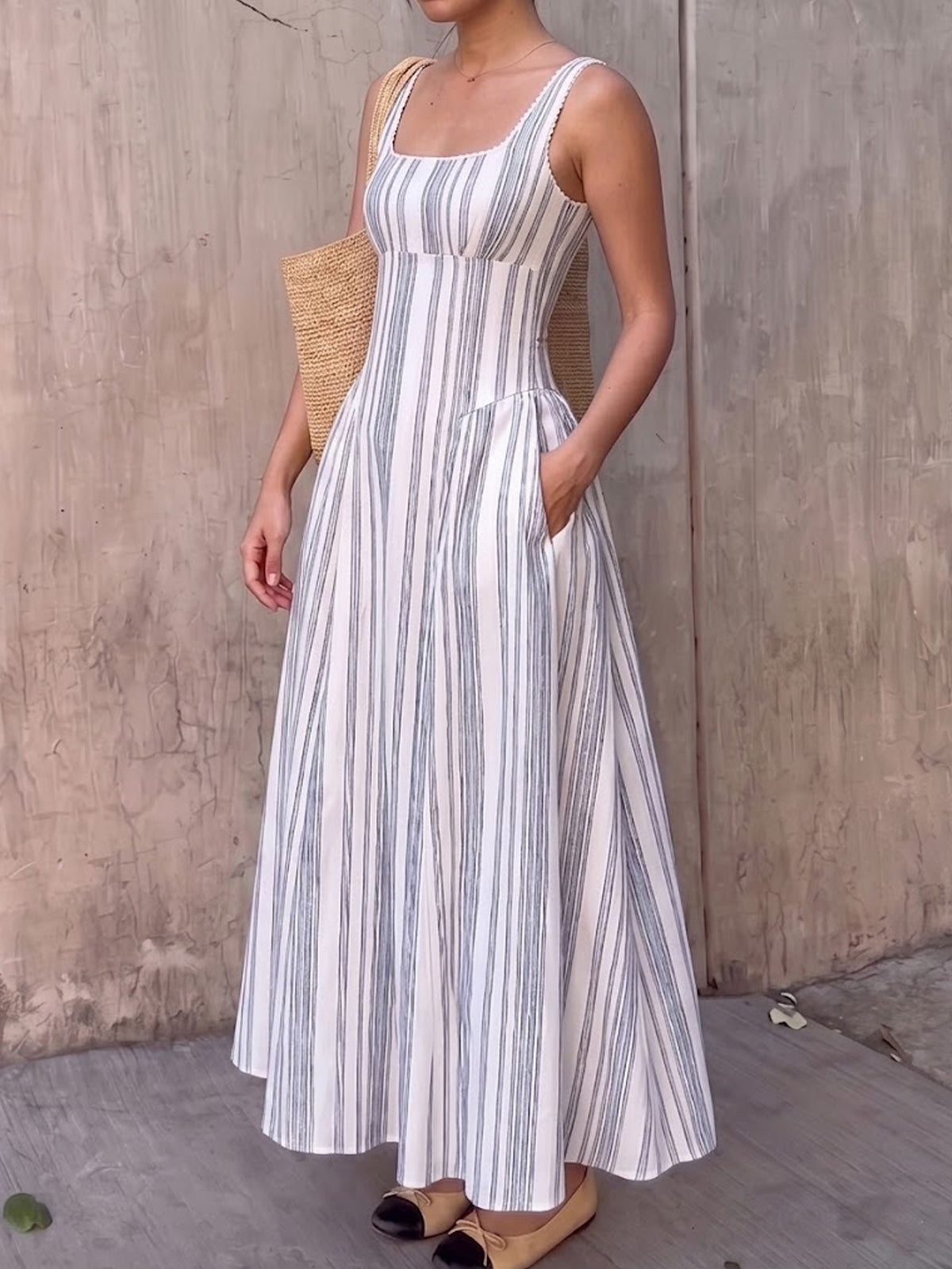 Lace Trim Square Neck Striped Midi Dress