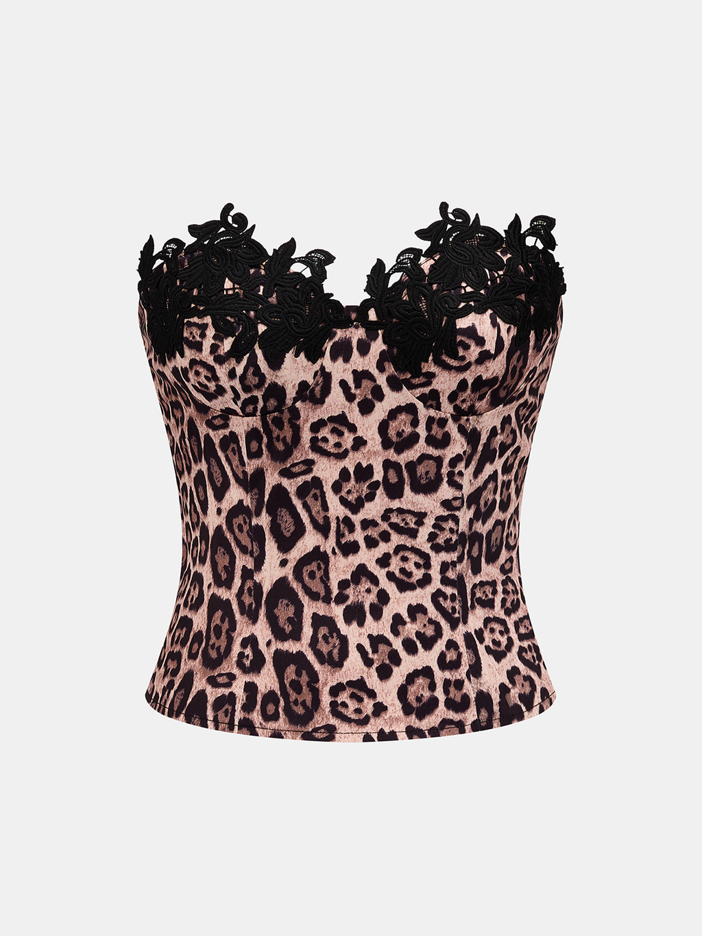 Leopard Print Lace Trim Strapless Corset Top