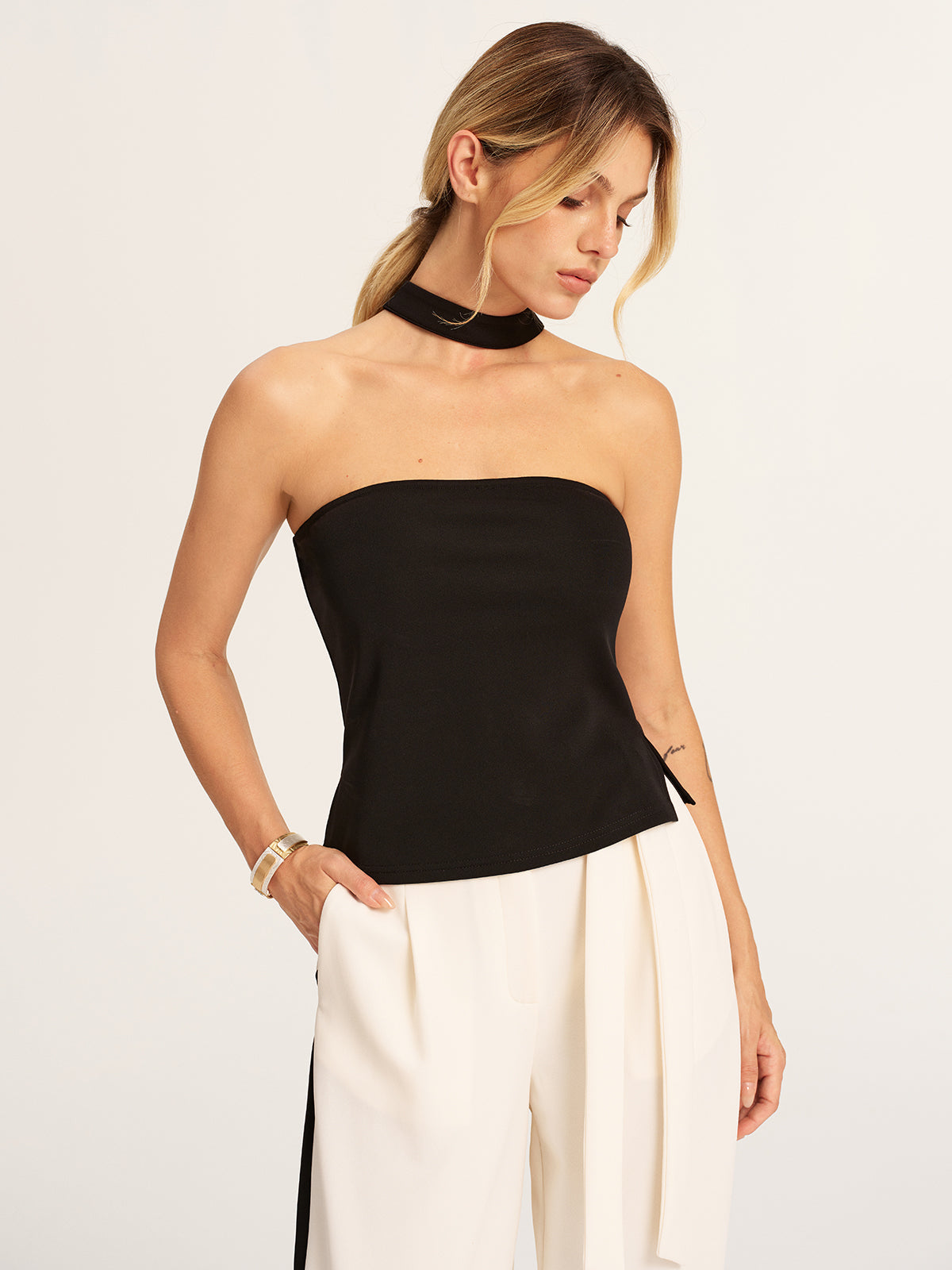 Halter Top & Side-Stripe Belted Pants Set