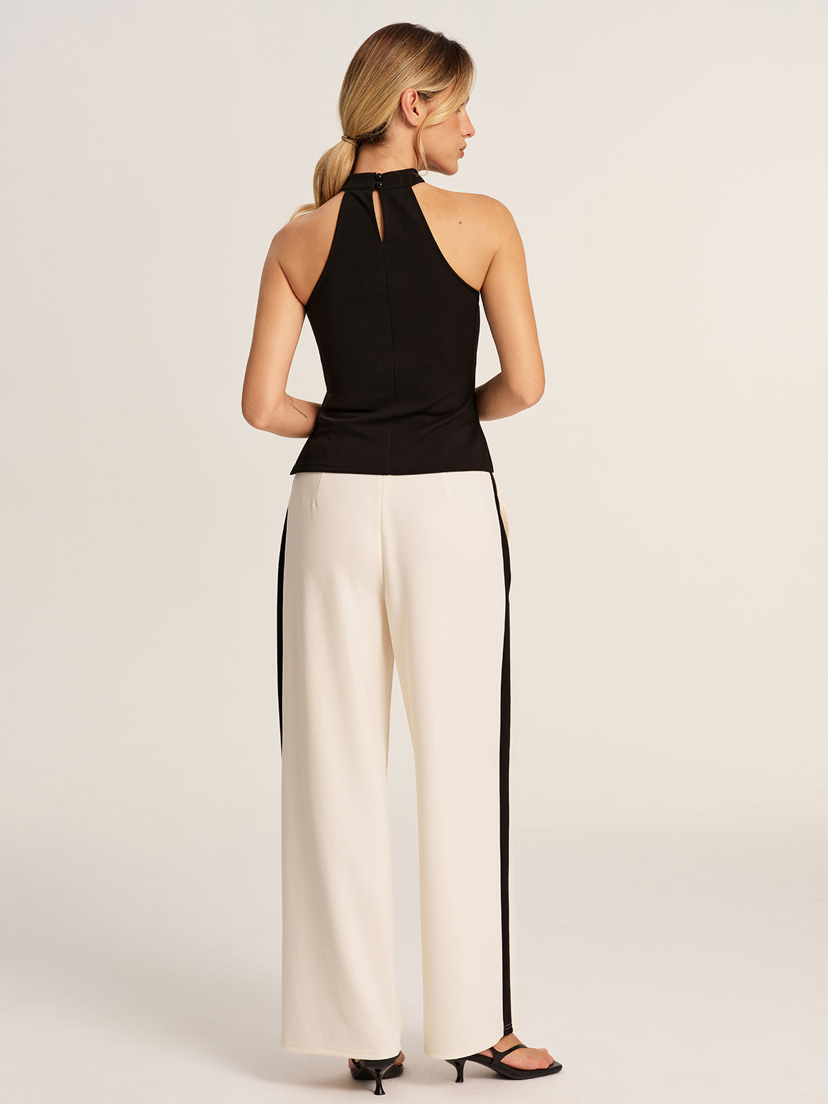 Halter Top & Side-Stripe Belted Pants Set