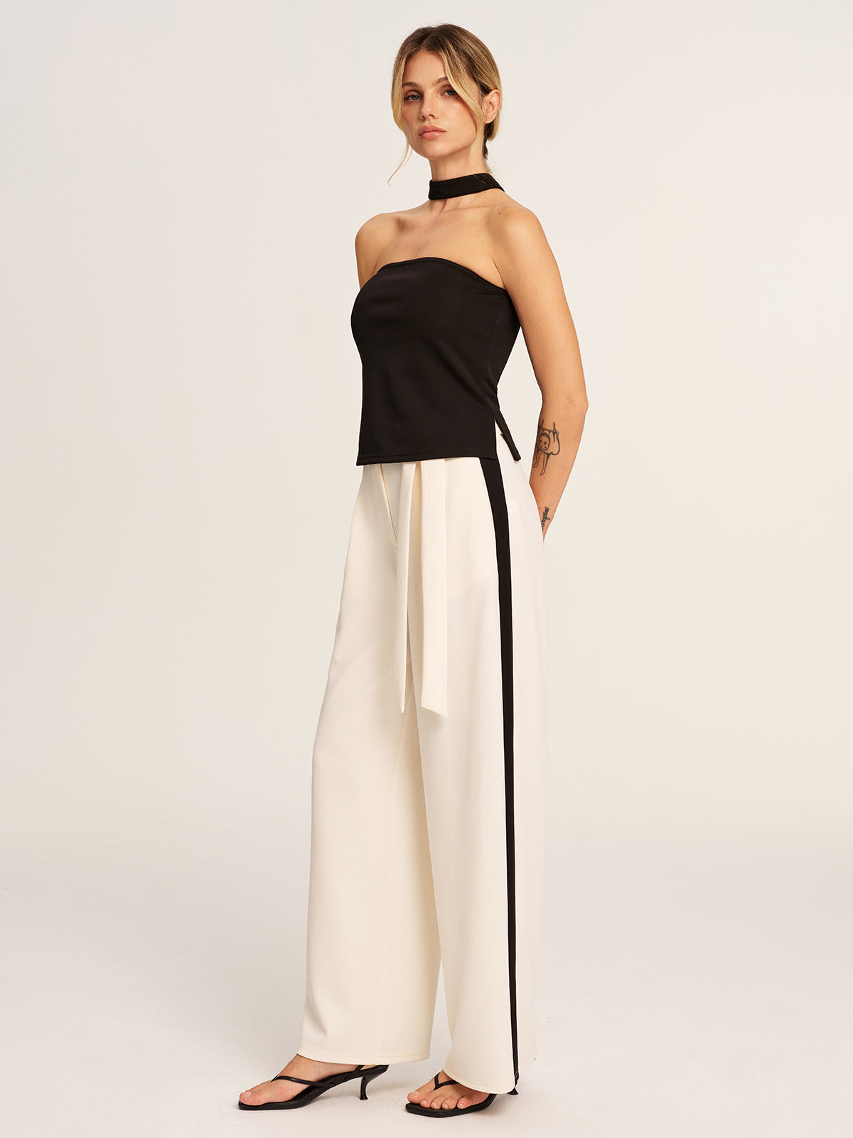 Halter Top & Side-Stripe Belted Pants Set
