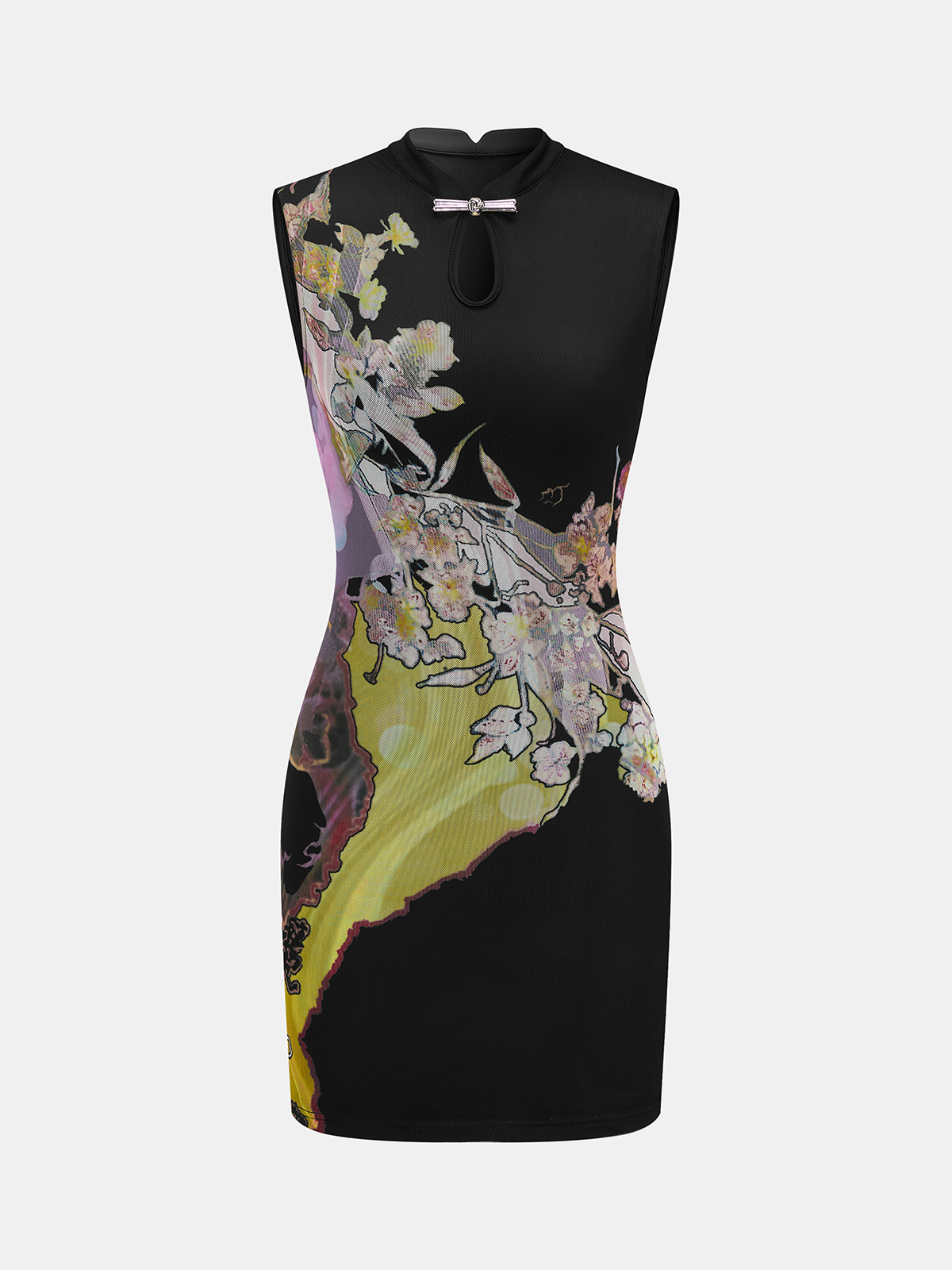Keyhole Metal Buckle Floral Print Mesh Mini Dress