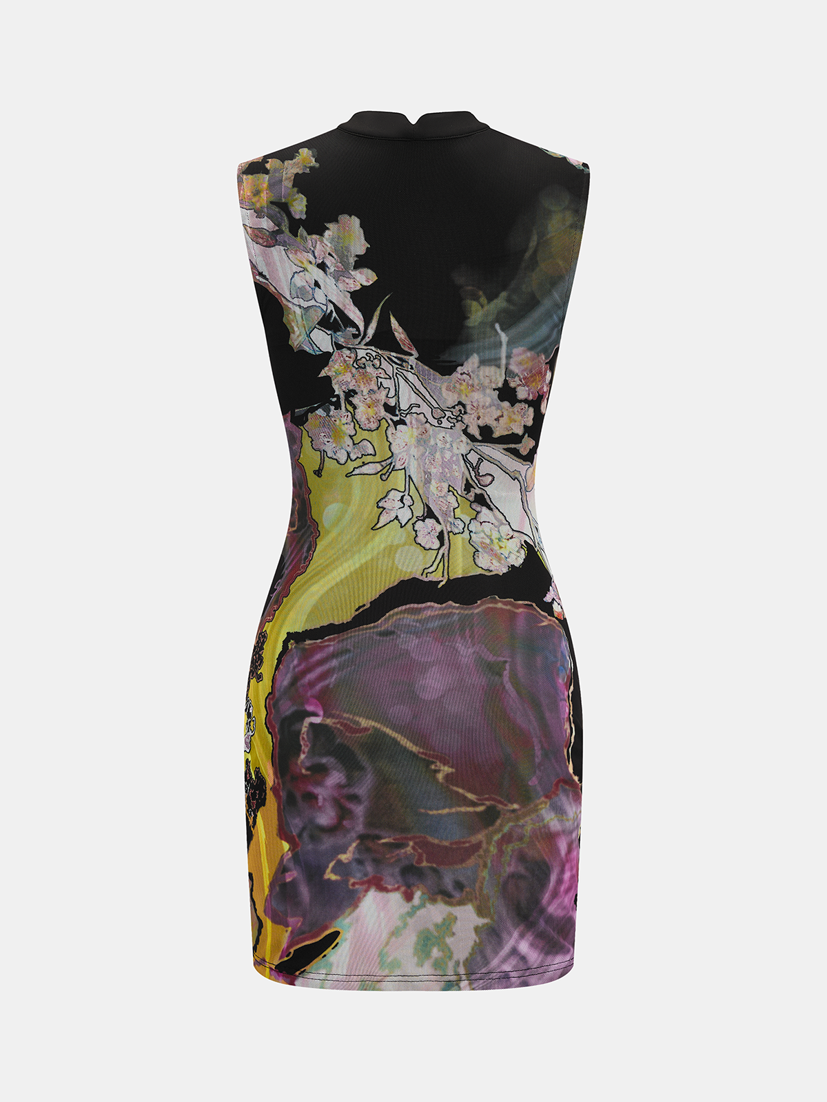 Keyhole Metal Buckle Floral Print Mesh Mini Dress