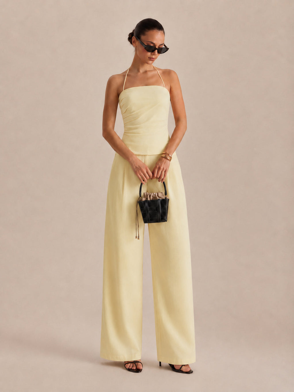 Ruched Halter Top & Wide Leg Pants Set