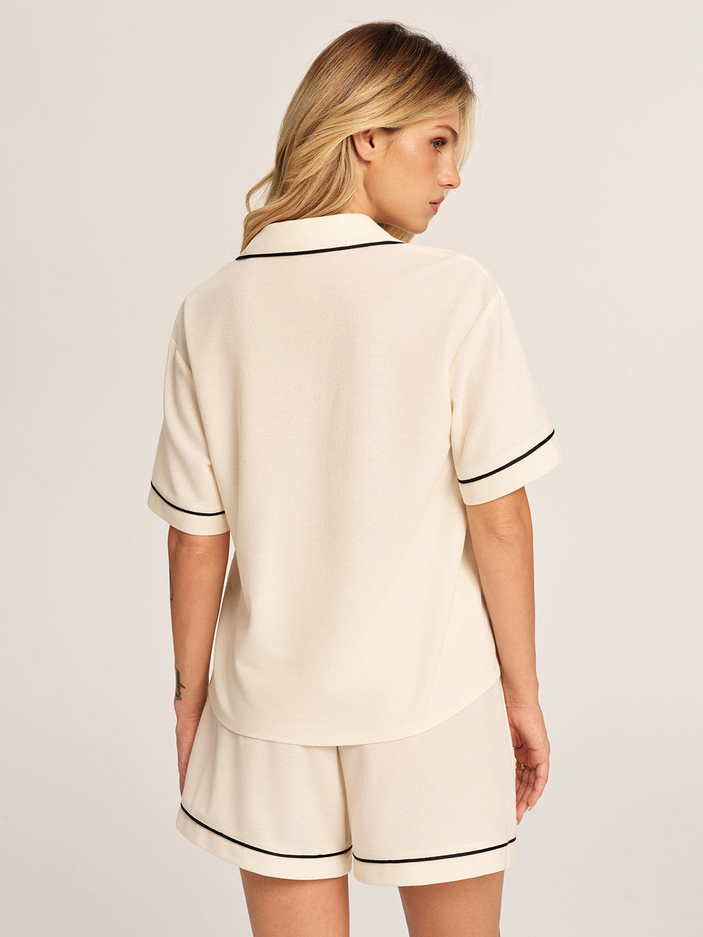 Contrast Trim Polo Top & Drawstring Shorts Set