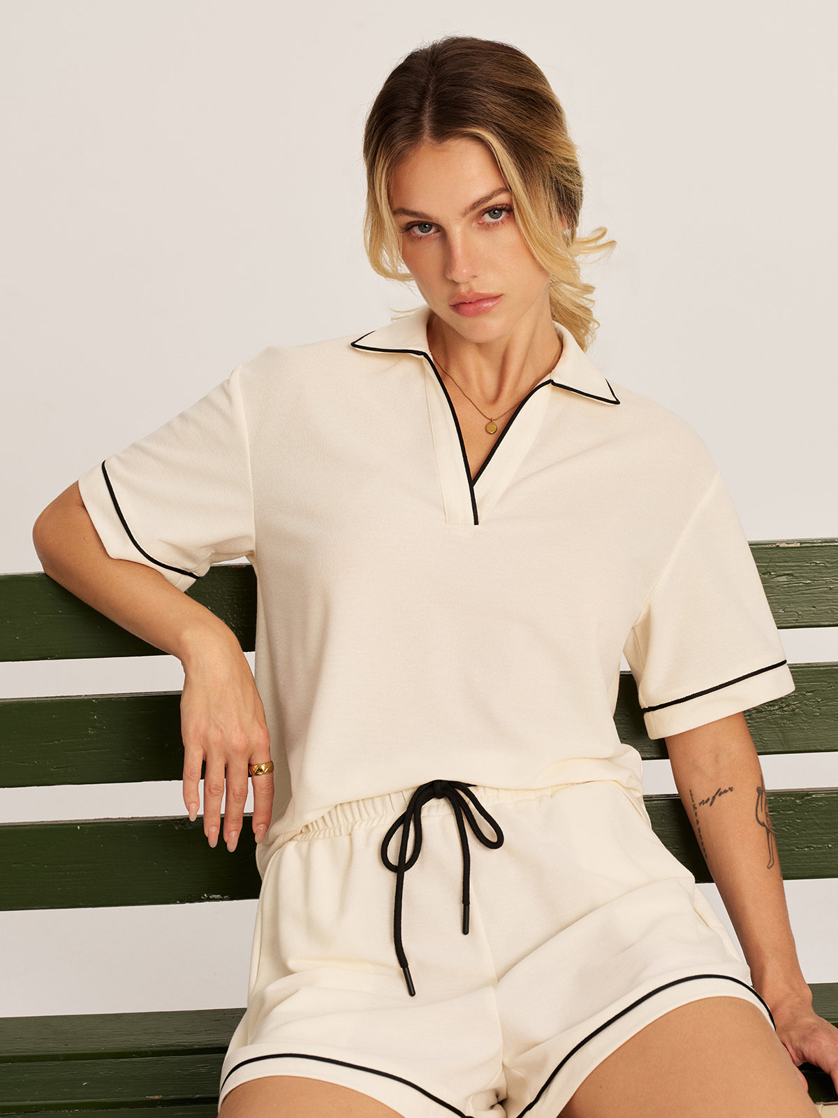 Contrast Trim Polo Top & Drawstring Shorts Set
