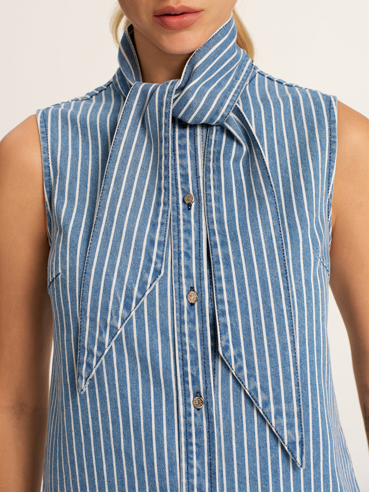 Striped Tie Neck Sleeveless Denim Blouse