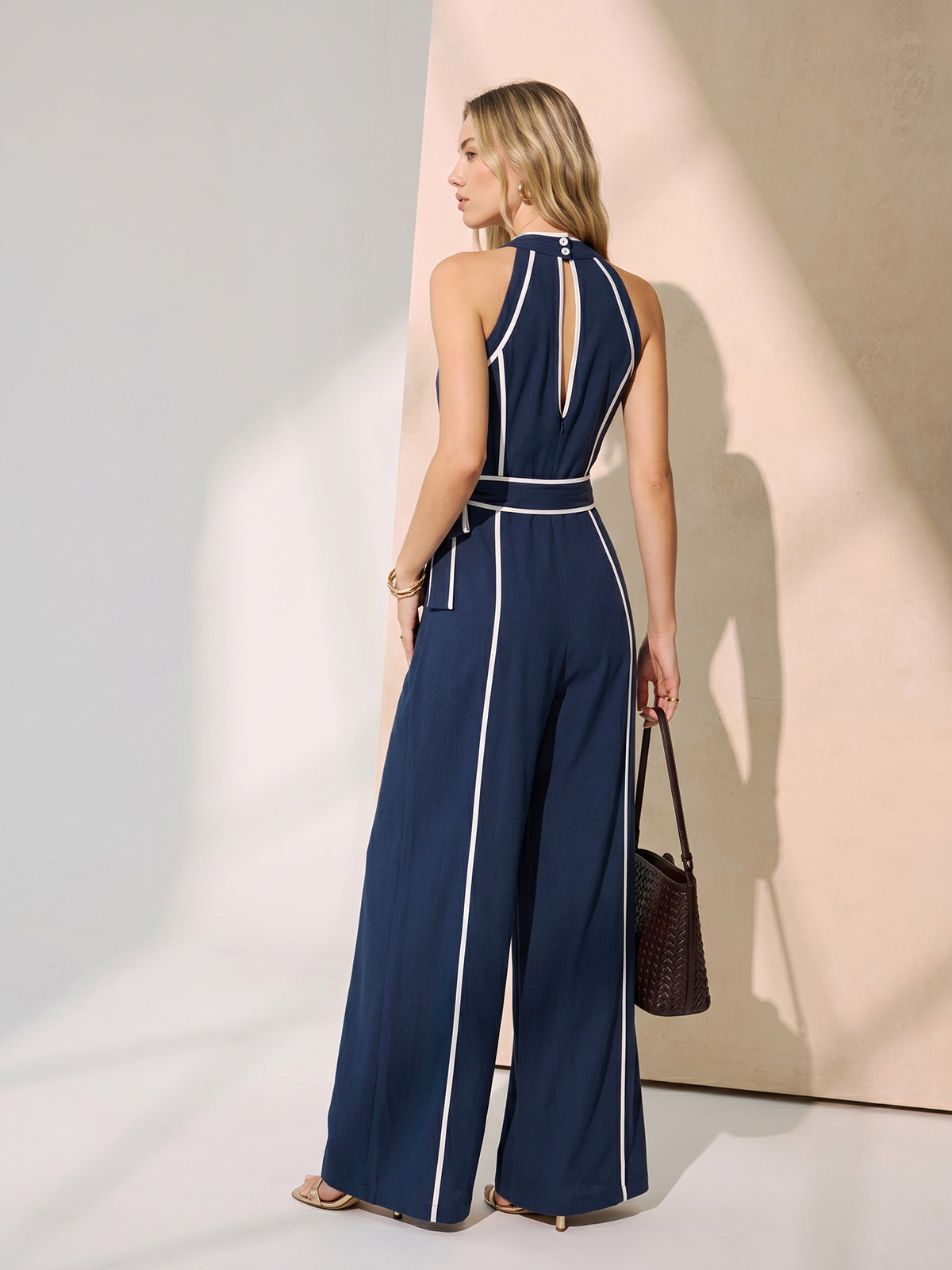 Contrast Trim Belted Cotton Linen Jumpsuit