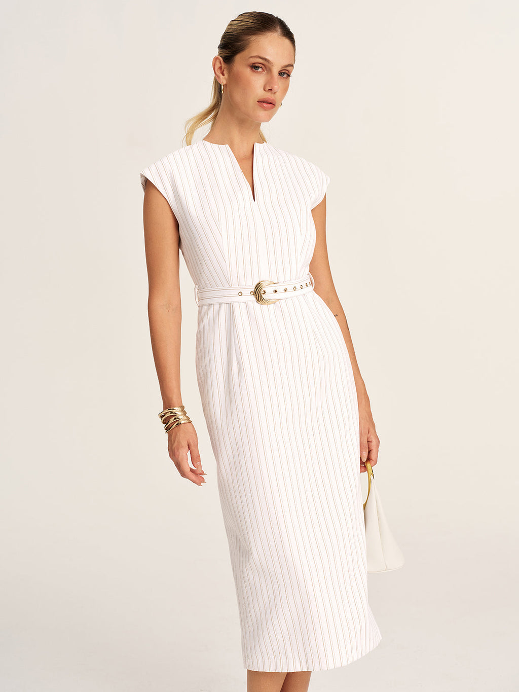 Sleeveless Notch Neck Striped Belted Midi Dress