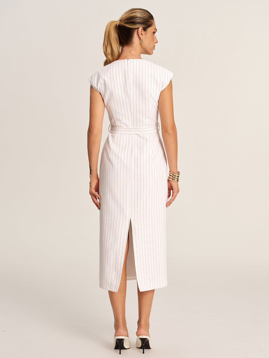 Sleeveless Notch Neck Striped Belted Midi Dress