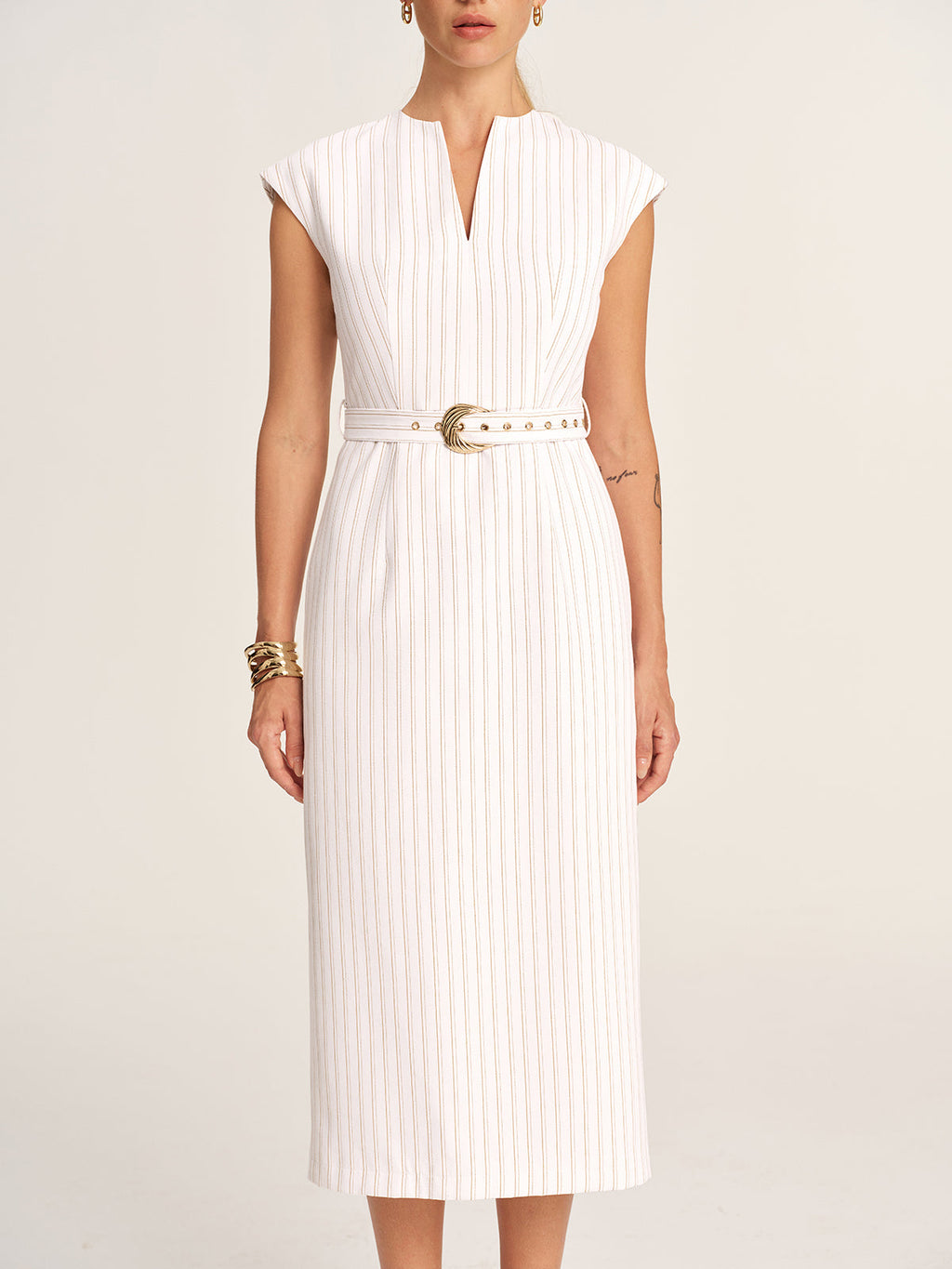Sleeveless Notch Neck Striped Belted Midi Dress