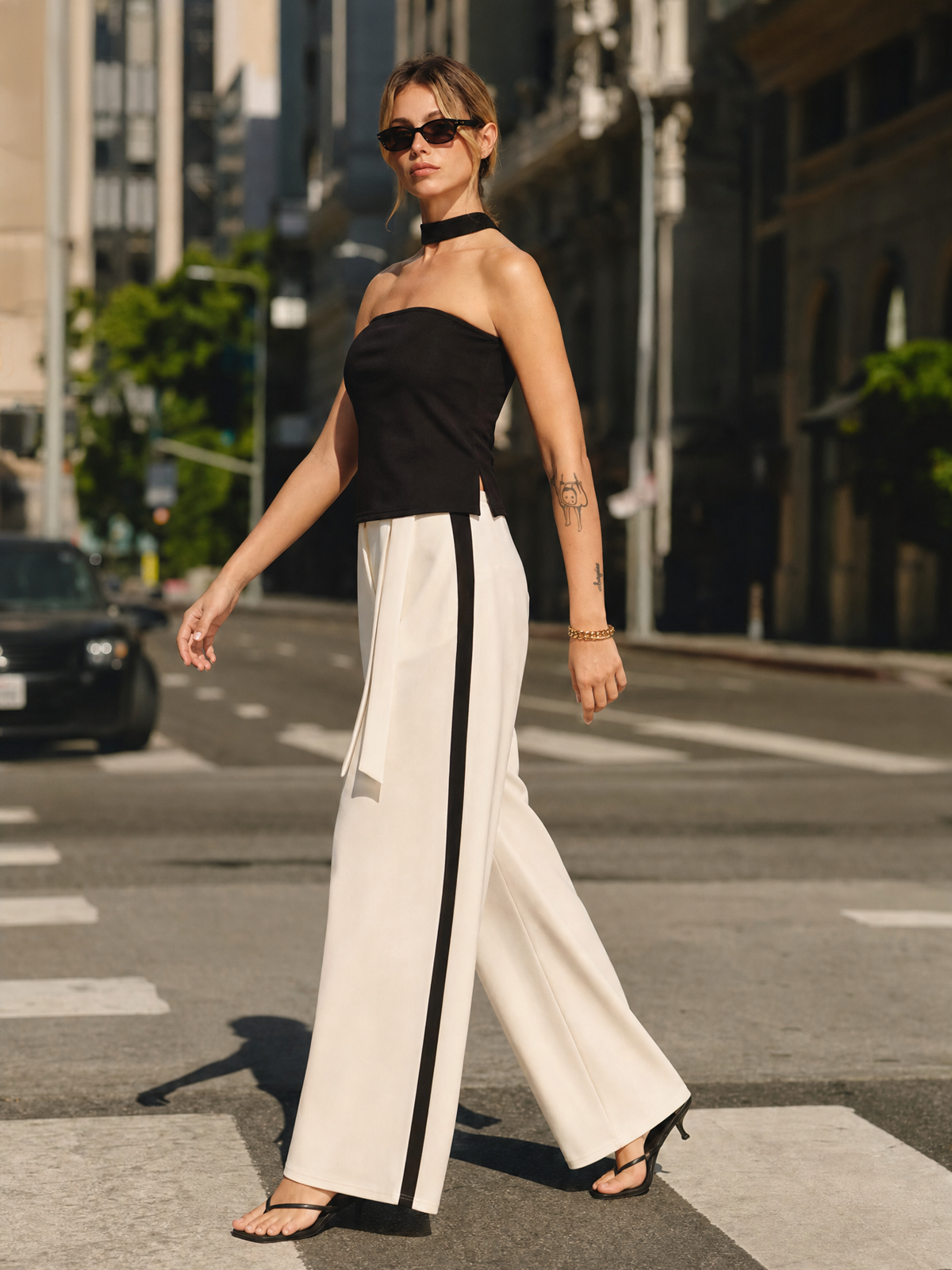 Halter Top & Side-Stripe Belted Pants Set