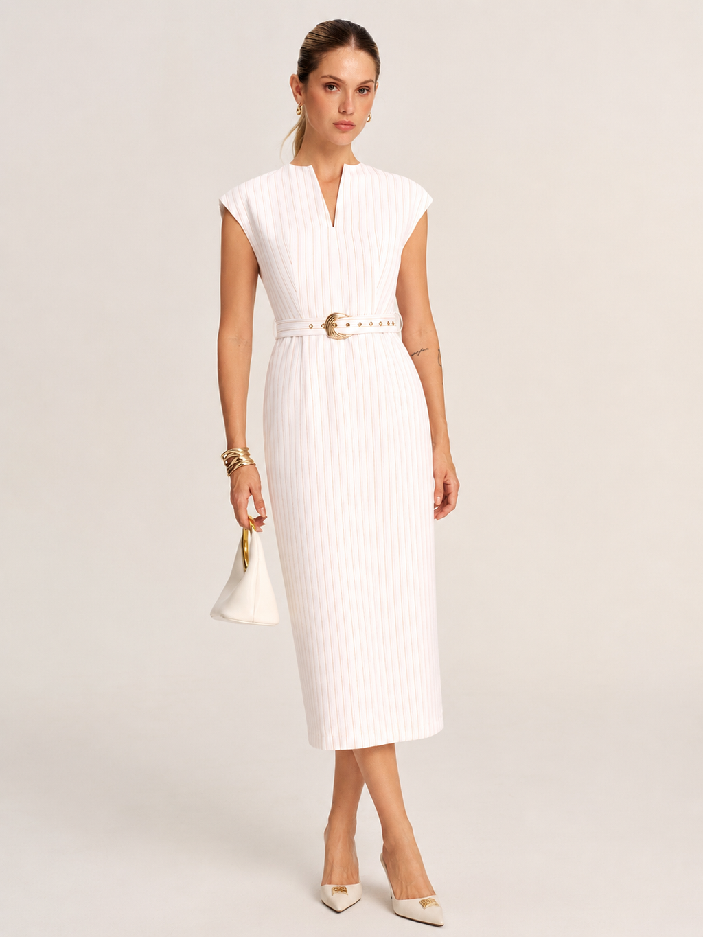 Sleeveless Notch Neck Striped Belted Midi Dress