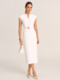 Sleeveless Notch Neck Striped Belted Midi Dress
