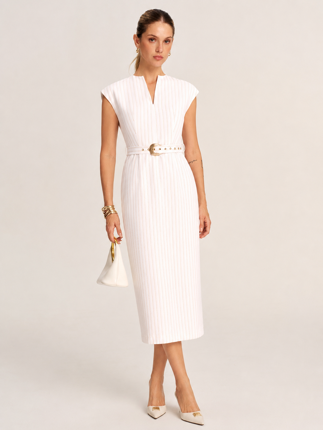 Sleeveless Notch Neck Striped Belted Midi Dress