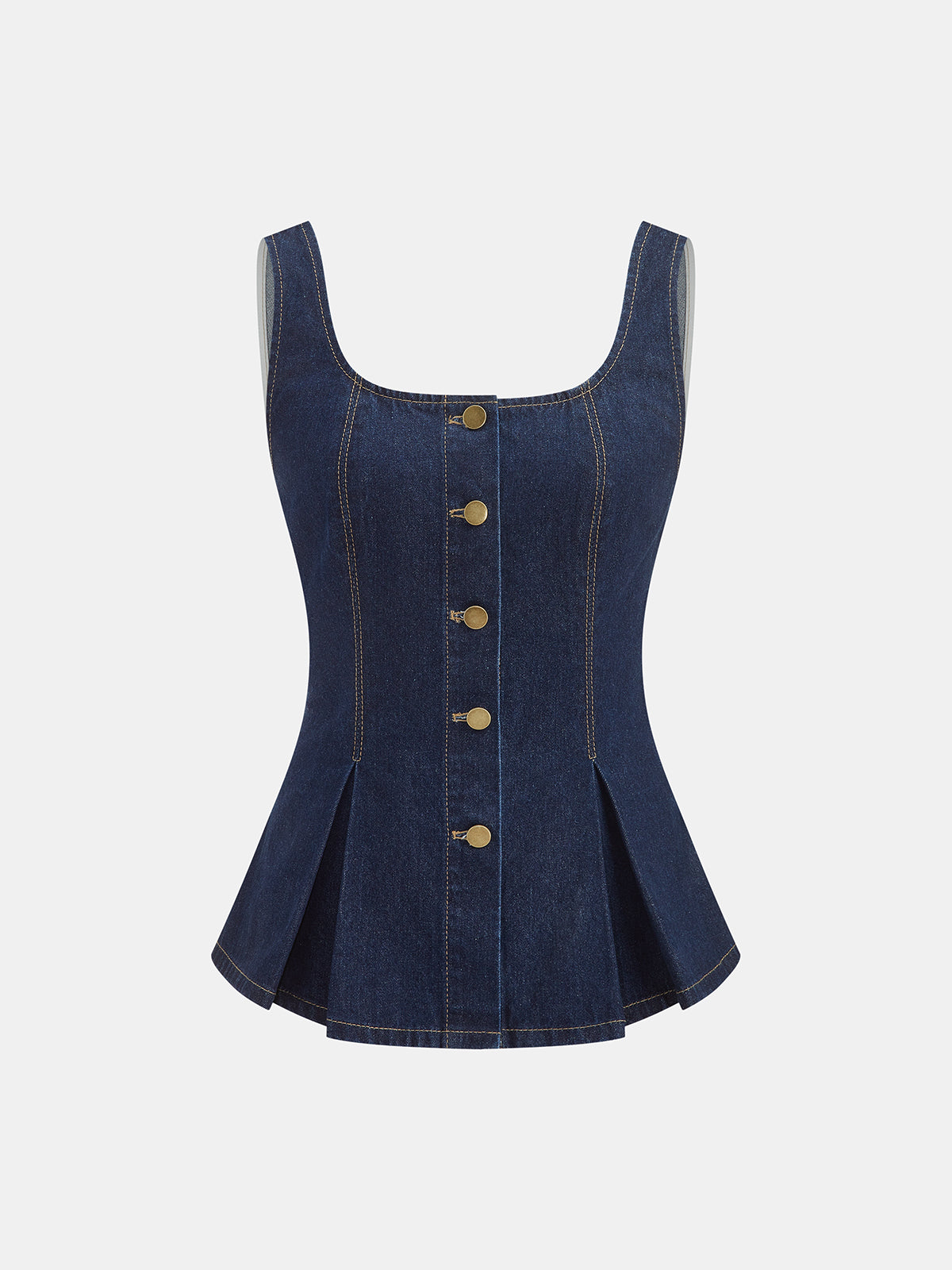 Square Neck Metal Button Peplum Denim Top