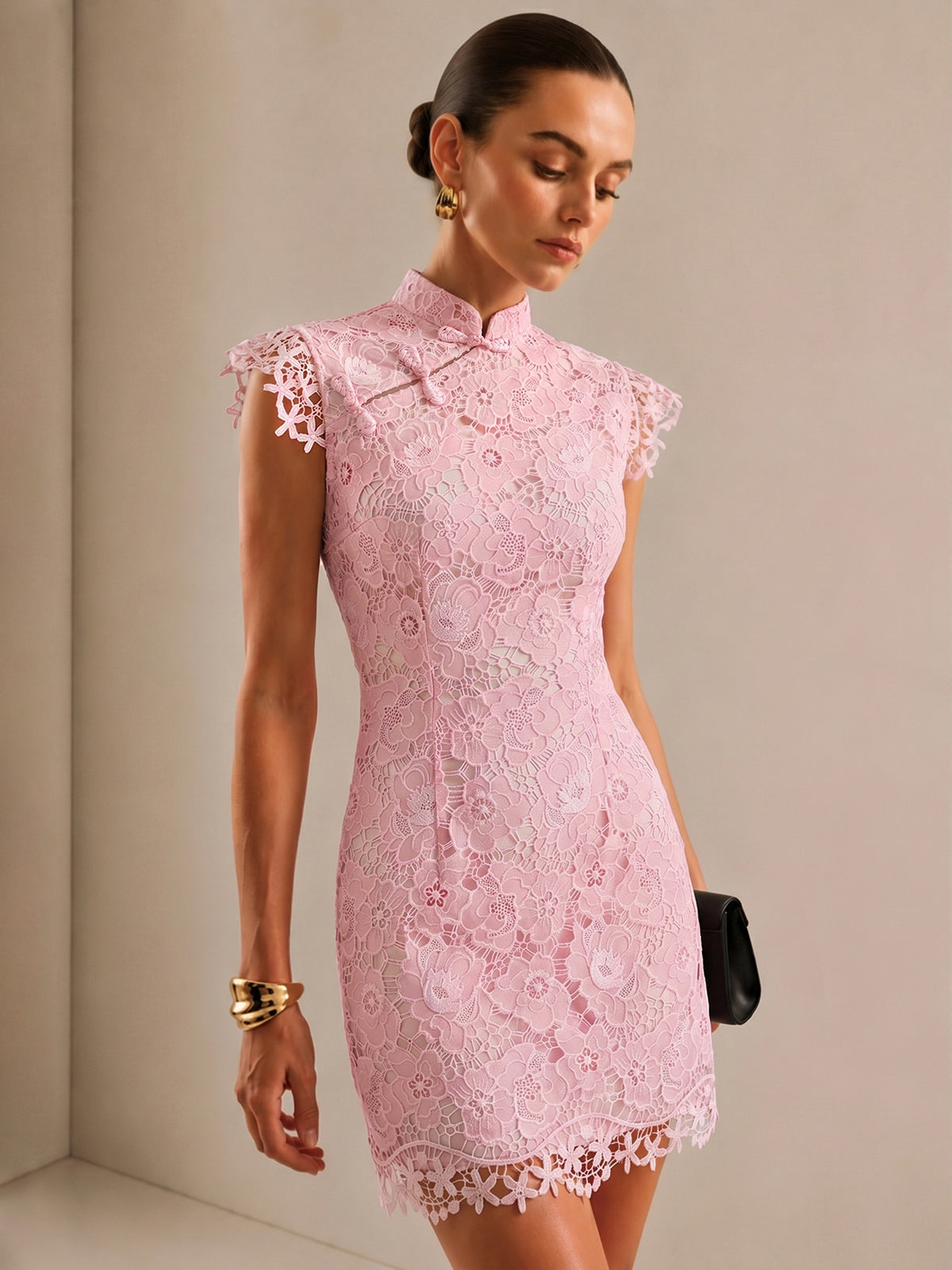 Frog Button Guipure Lace Cheongsam Mini Dress