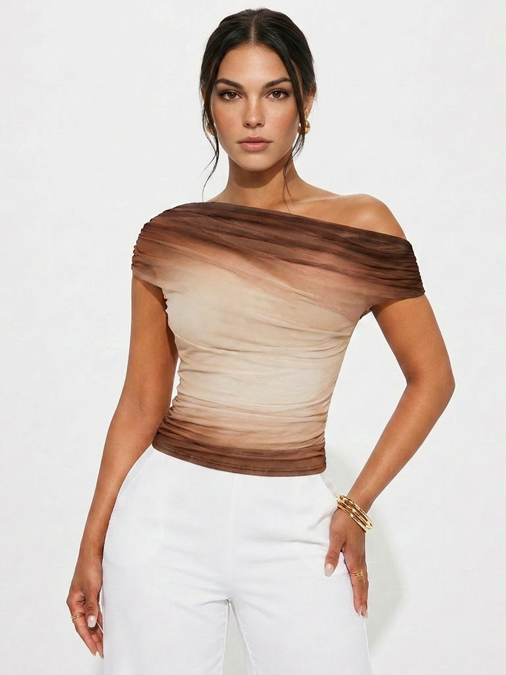 Gradient Mesh Off-Shoulder Ruched Top