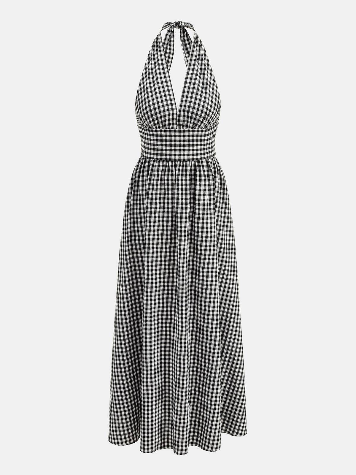 Gingham Deep V Halter Cotton Midi Dress