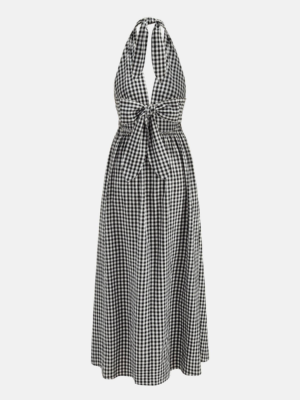Gingham Deep V Halter Cotton Midi Dress