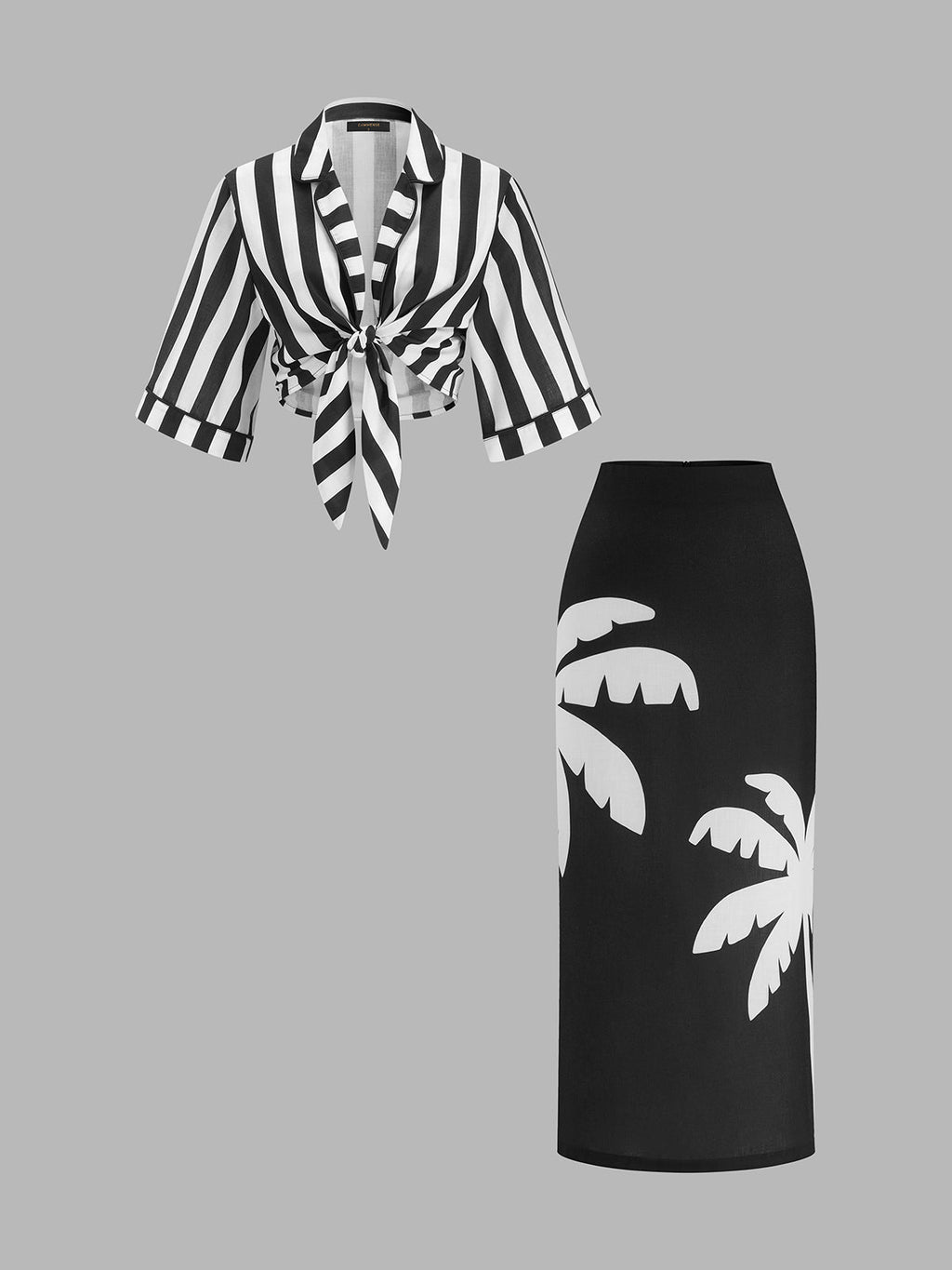 Striped Knotted Blouse & Palm Print Skirt Set
