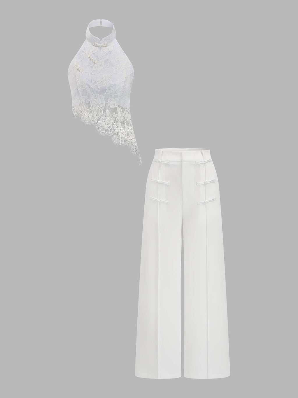 Frog Button Halter Lace Asymmetric Top & Pants Set