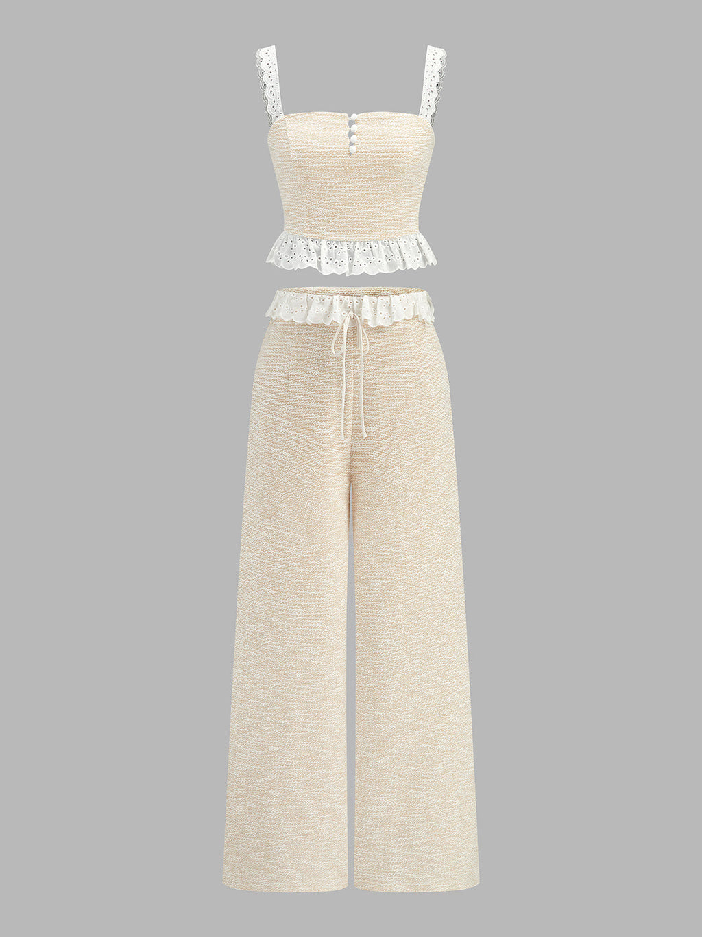 Lace Trim Textured Cami Top & Drawstring Pants Set