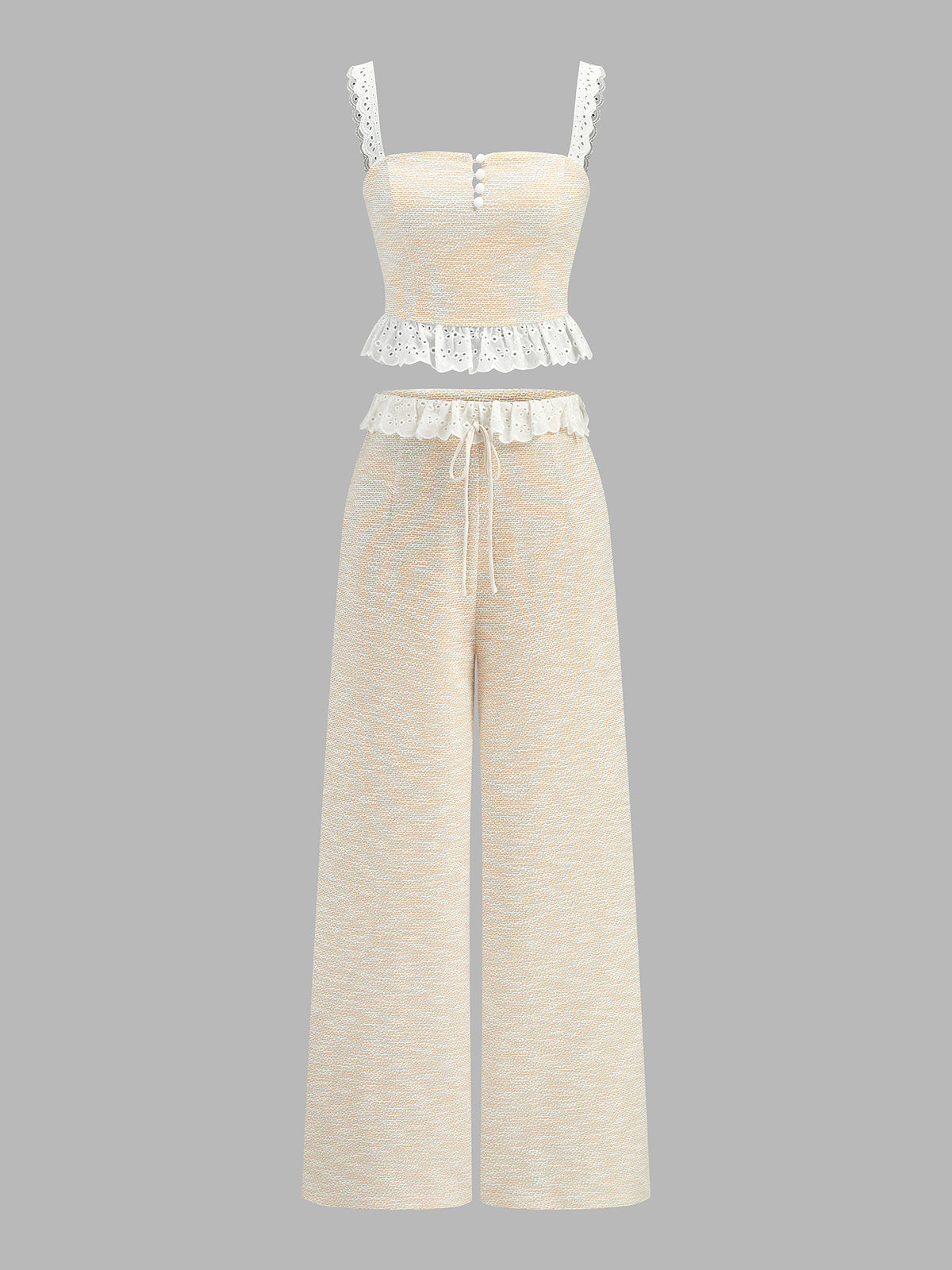 Lace Trim Textured Cami Top & Drawstring Pants Set