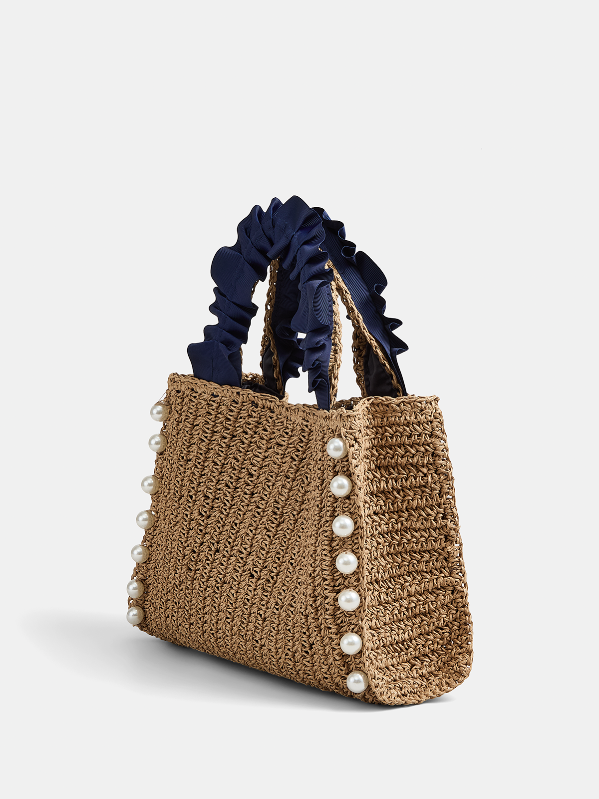 Pearl Decor Woven Straw Tote Bag