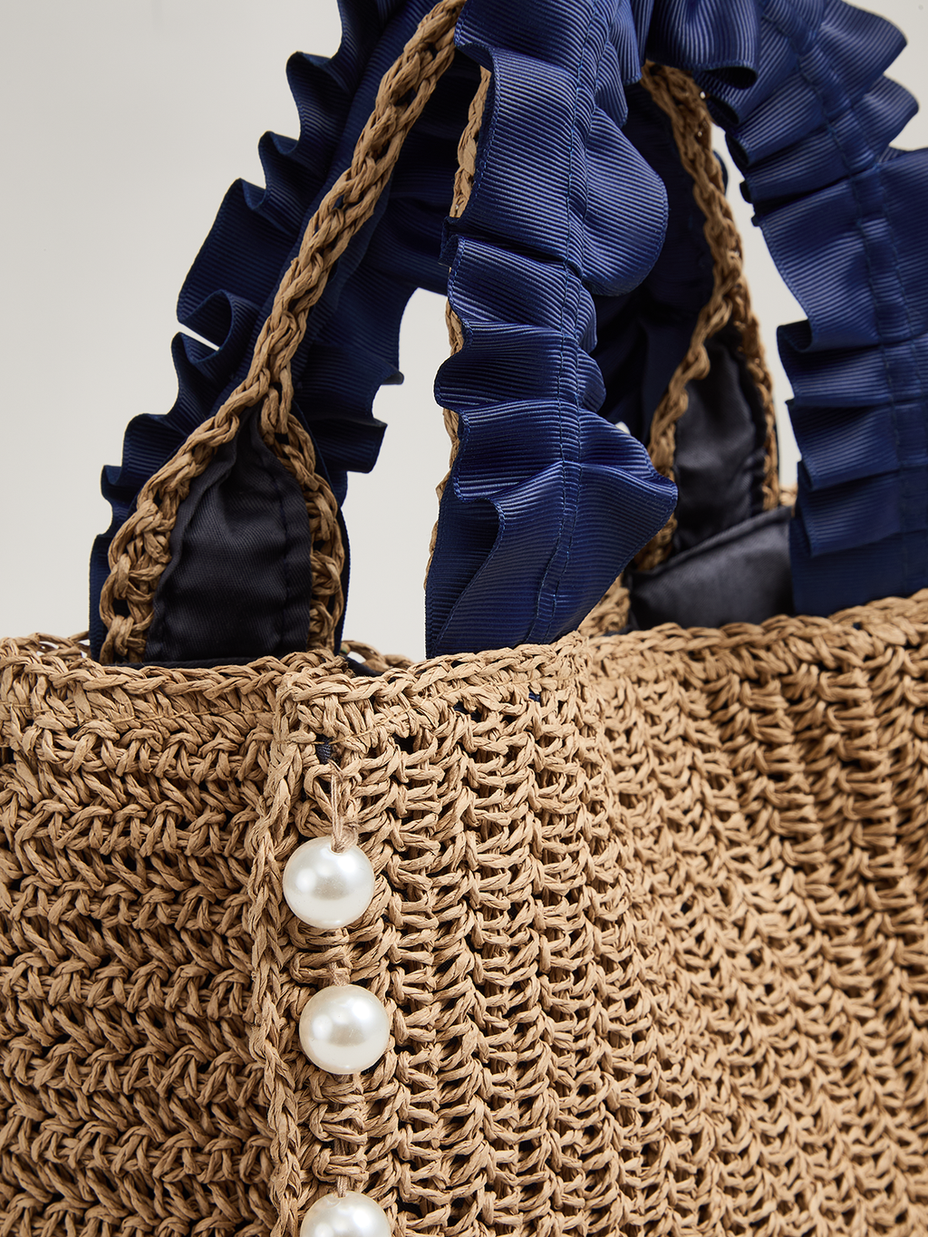 Pearl Decor Woven Straw Tote Bag