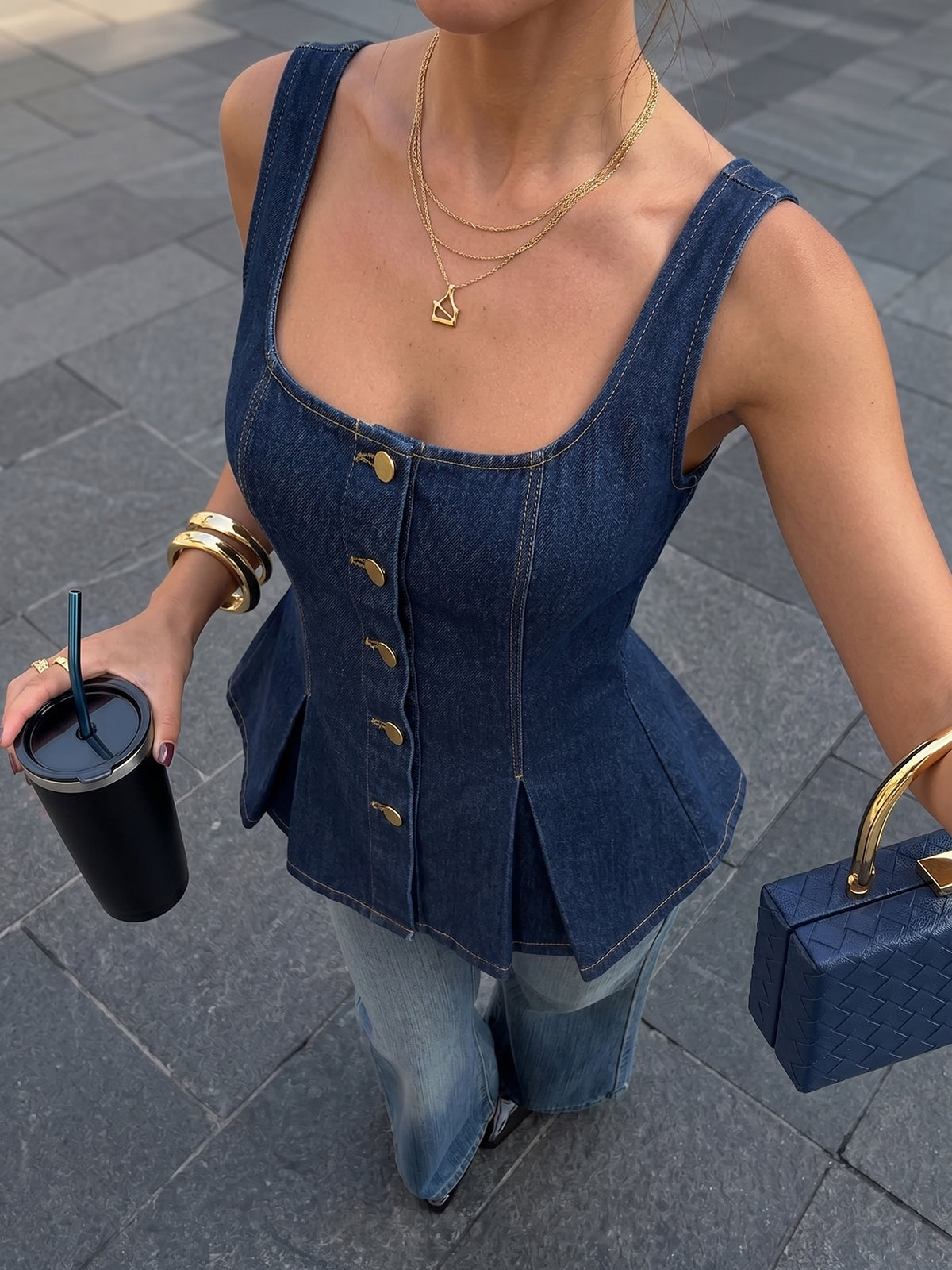 Square Neck Metal Button Peplum Denim Top