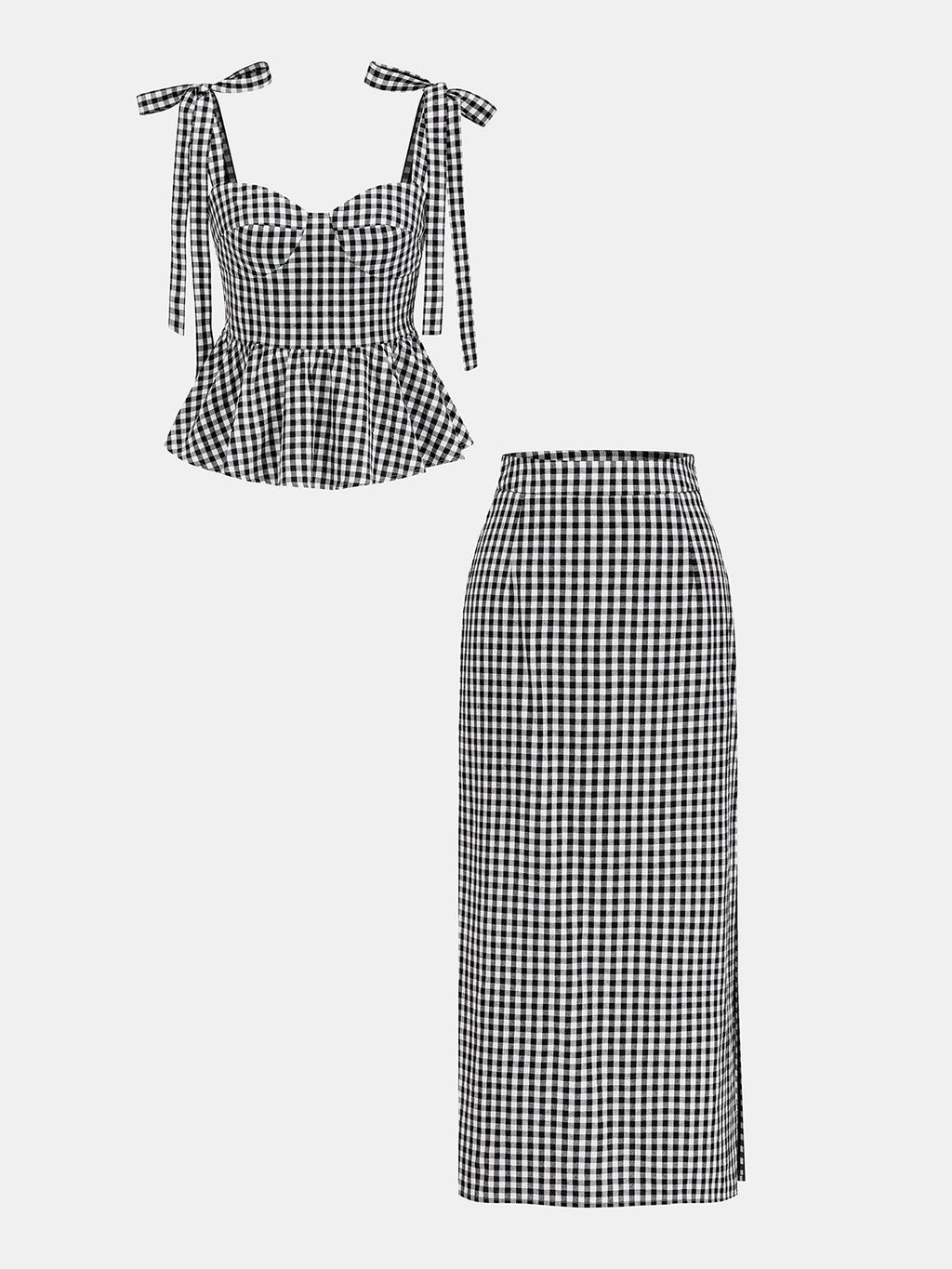 Gingham Bow-Strap Top & Midi Skirt Set