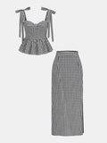 Gingham Bow-Strap Top & Midi Skirt Set
