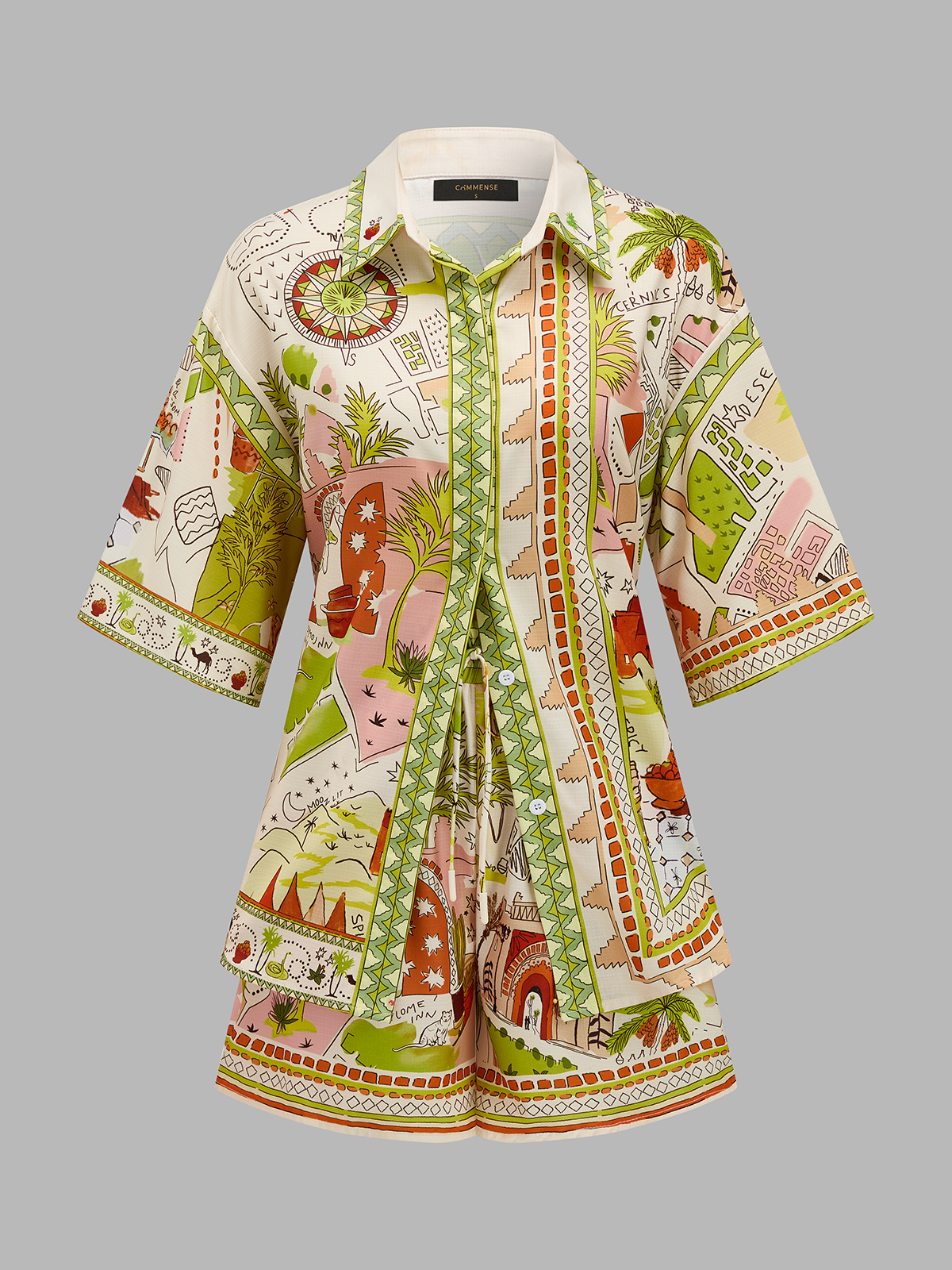 Printed Short Sleeve Shirt & Drawstring Shorts Set