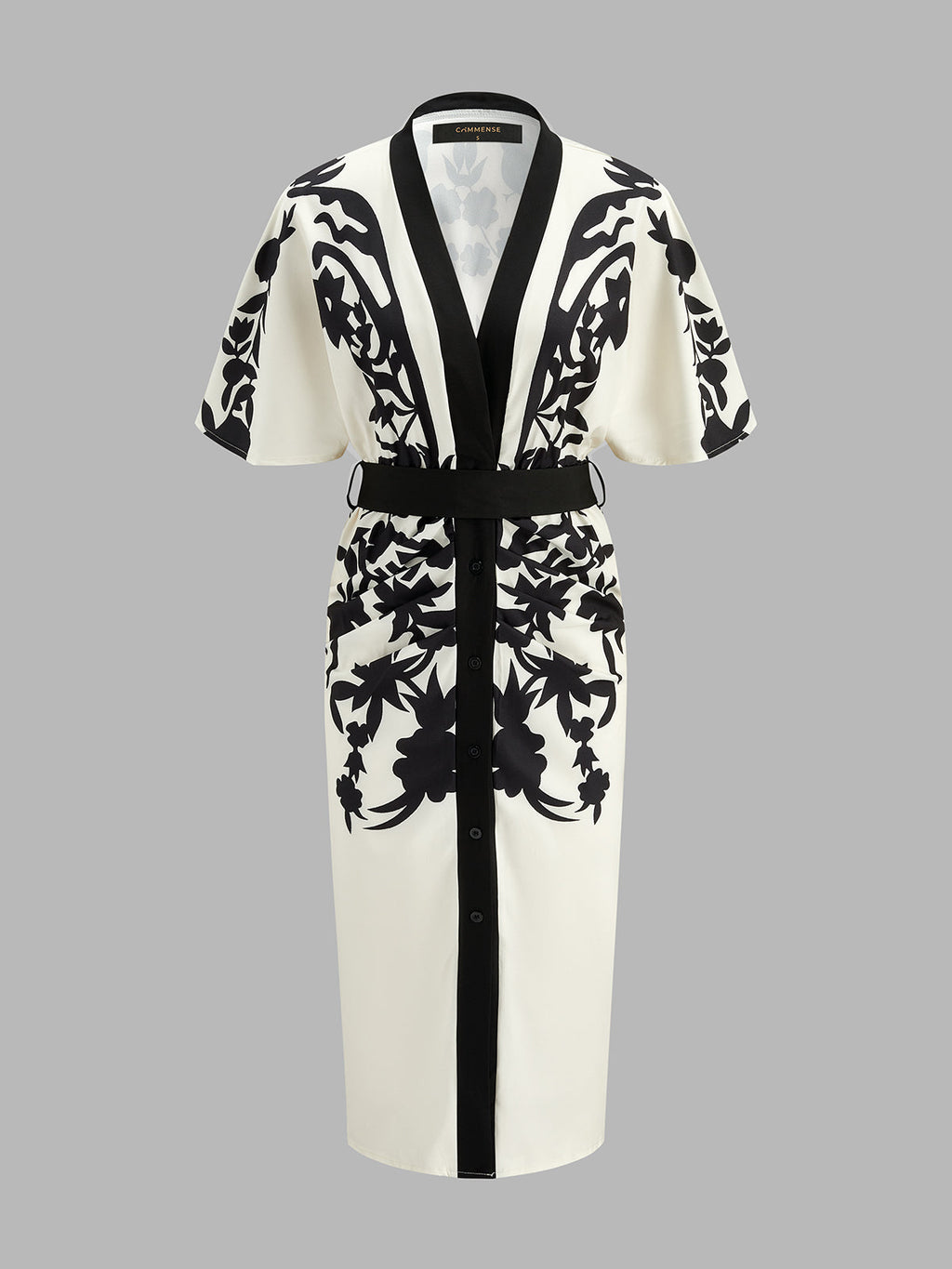 Abstract Print V-Neck Belted Midi Dress