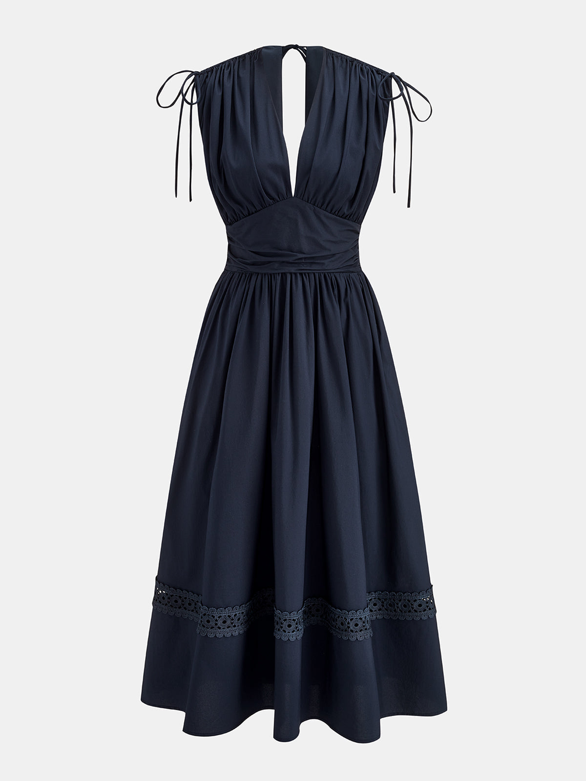 Drawstring Shoulder Lace Panel Midi Dress