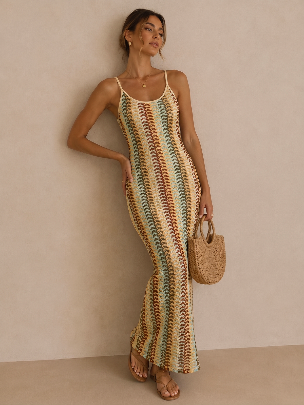 Multicolor Striped Knit Midi Cami Dress